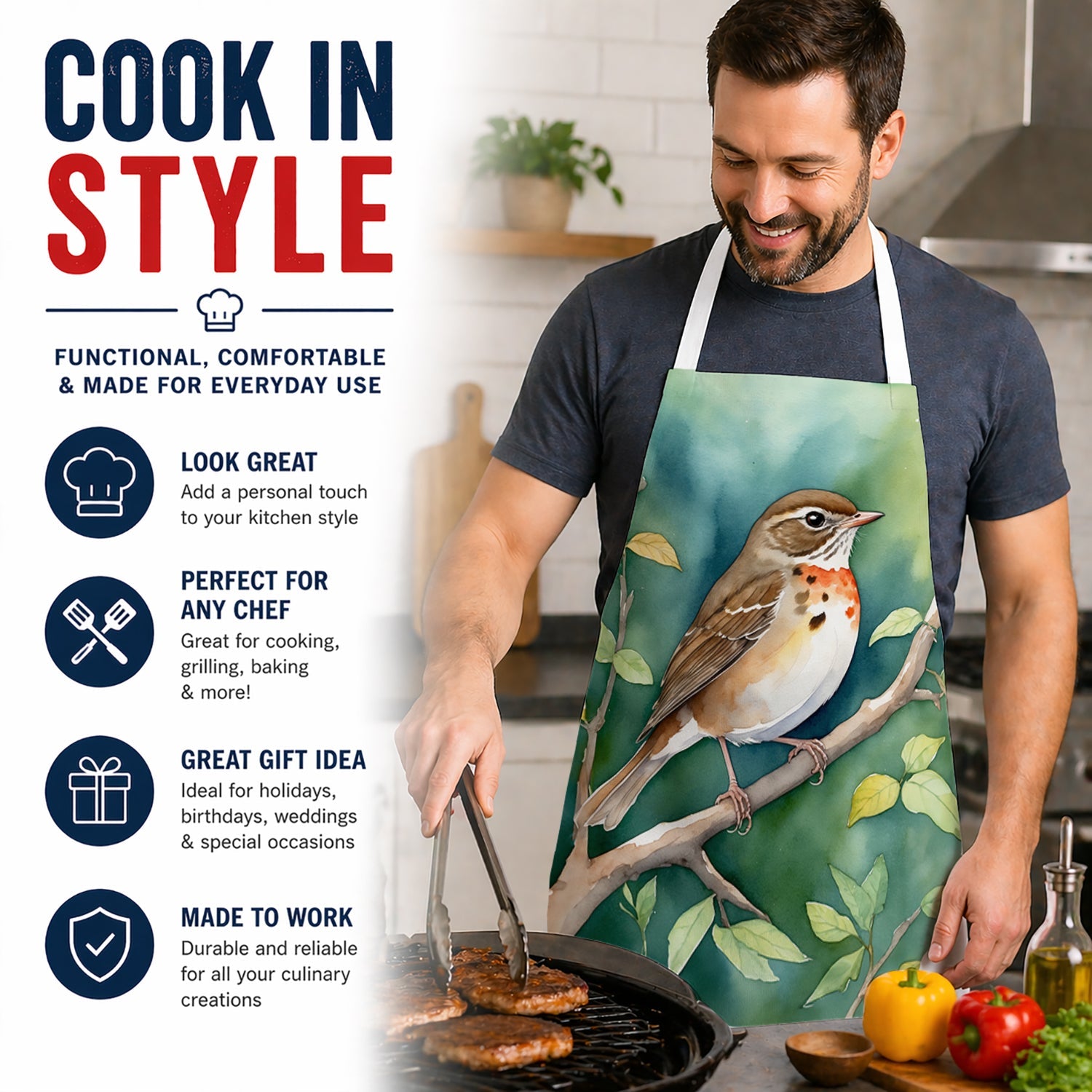 Vermont Hermit Thrush Apron Cooking Kitchen Server Baking Crafts Gardening for Adult Women Men, Unisex, Large, Multicolor
