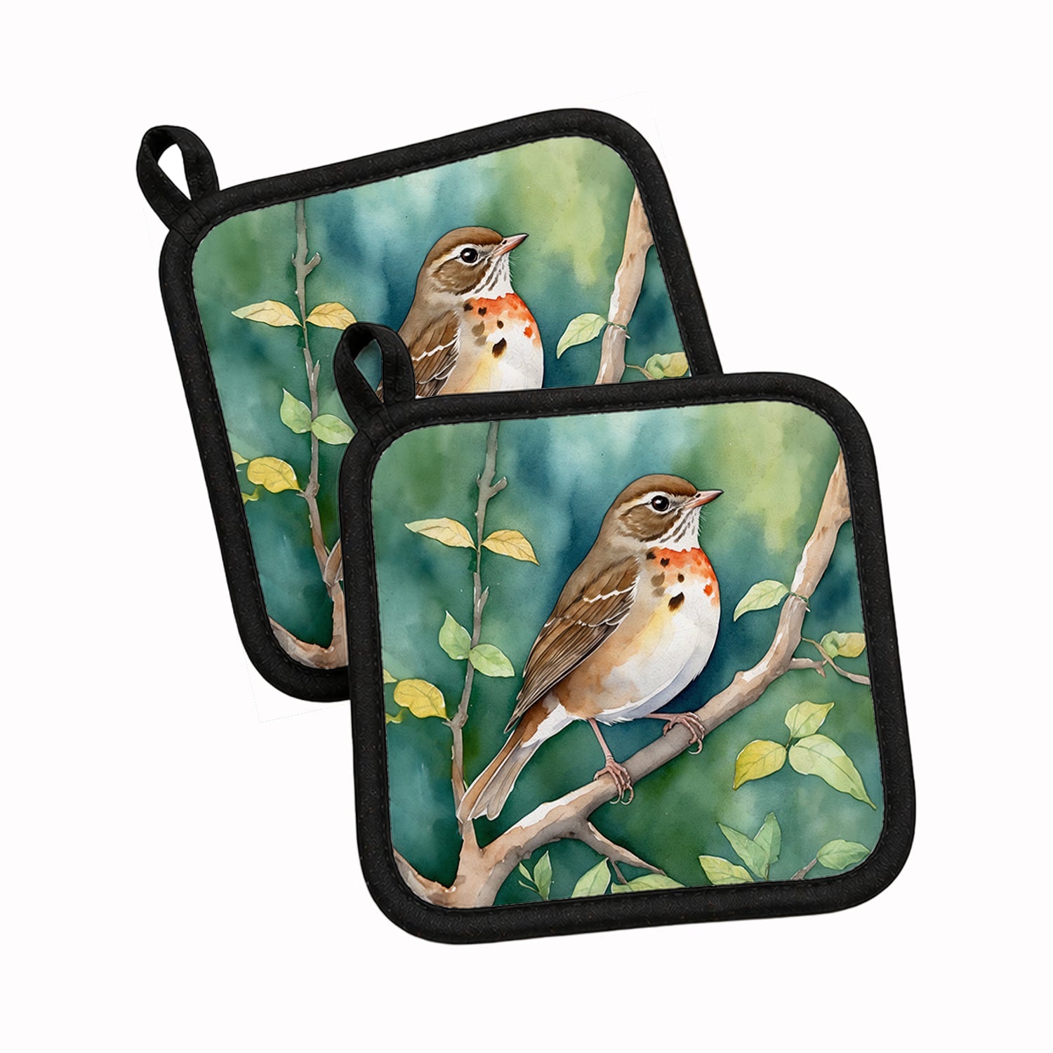 Vermont Hermit Thrush Pot Holder Set of 2 Heat Resistant Quilted Hot Pads 7.5 x 7.5 Inch, Insulated Kitchen Trivets for Cooking & Baking