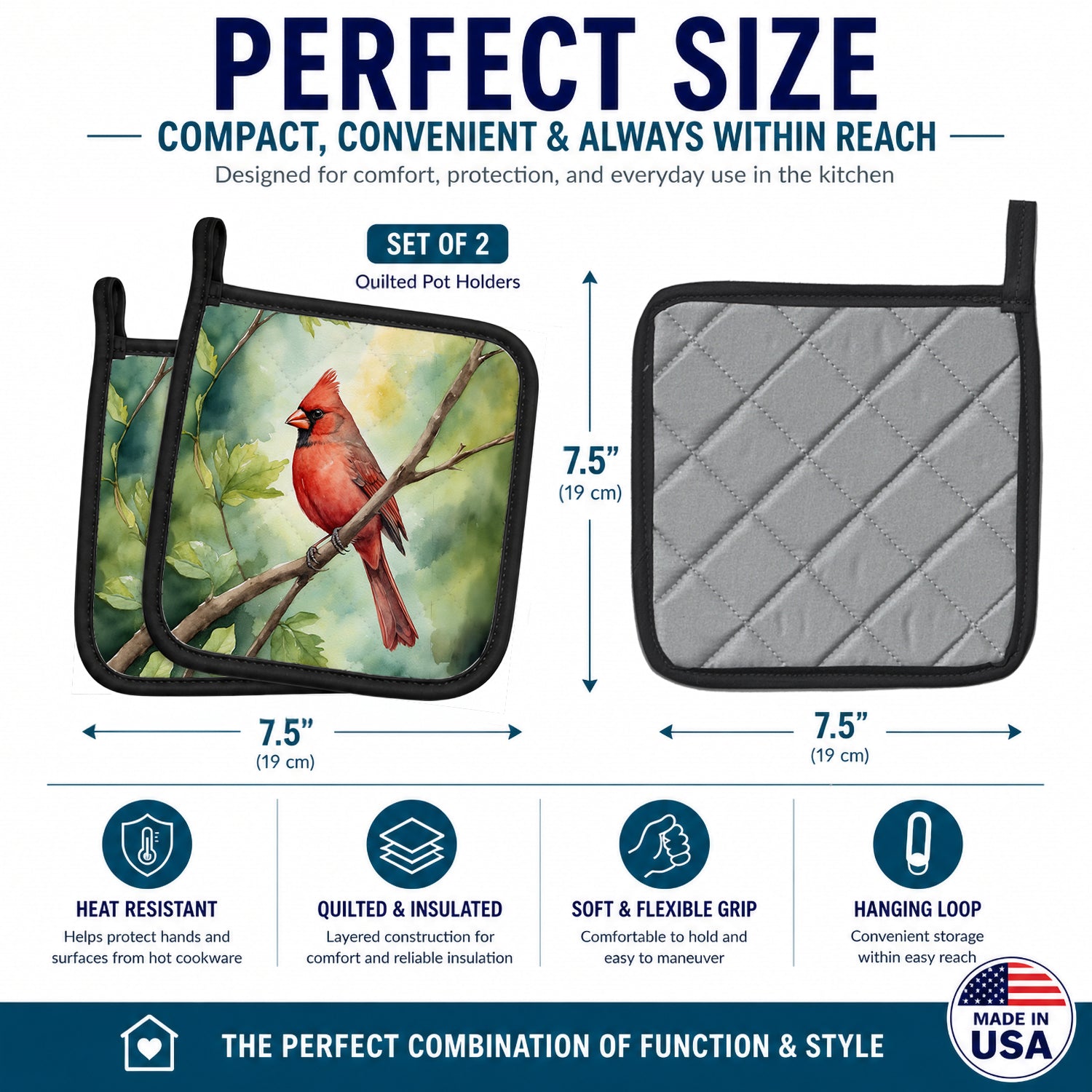 West Virginia Northern CardInal Pot Holder Set of 2 Heat Resistant Quilted Hot Pads 7.5 x 7.5 Inch, Insulated Kitchen Trivets for Cooking & Baking
