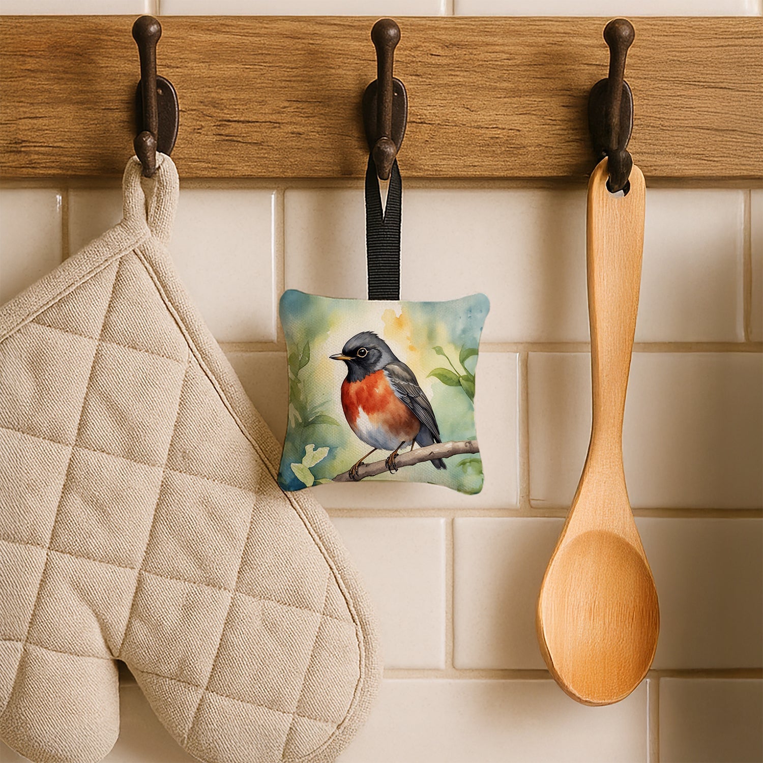 Wisconsin American Robin Hanging Square Fabric Ornament 3.5 × 3.5 Decorative Door-Knob & Tree Hanger, Soft Fabric