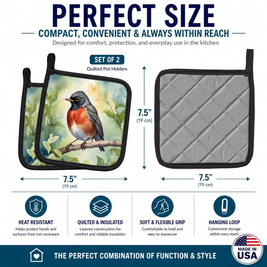 Wisconsin American Robin Pot Holder Set of 2 Heat Resistant Quilted Hot Pads 7.5 x 7.5 Inch, Insulated Kitchen Trivets for Cooking & Baking
