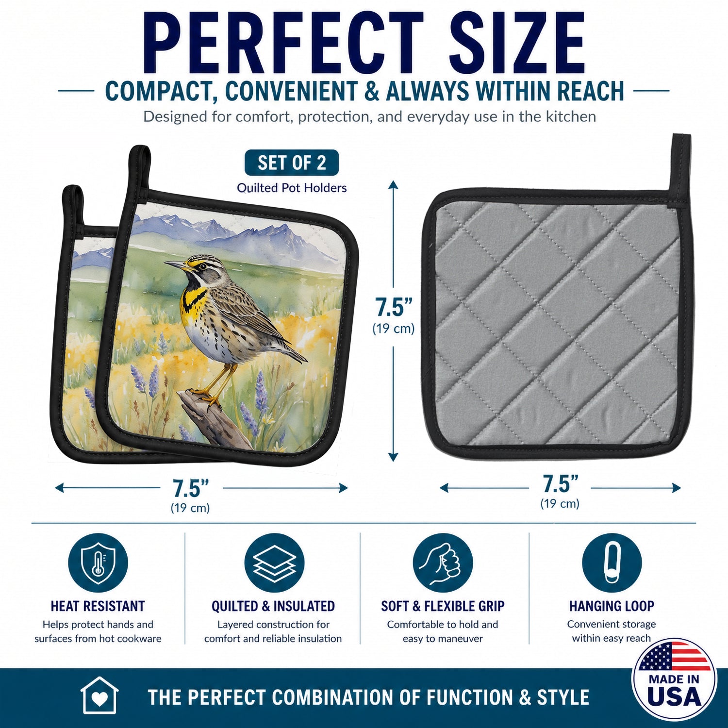 Wyoming Western Meadowlark Pot Holder Set of 2 Heat Resistant Quilted Hot Pads 7.5 x 7.5 Inch, Insulated Kitchen Trivets for Cooking & Baking