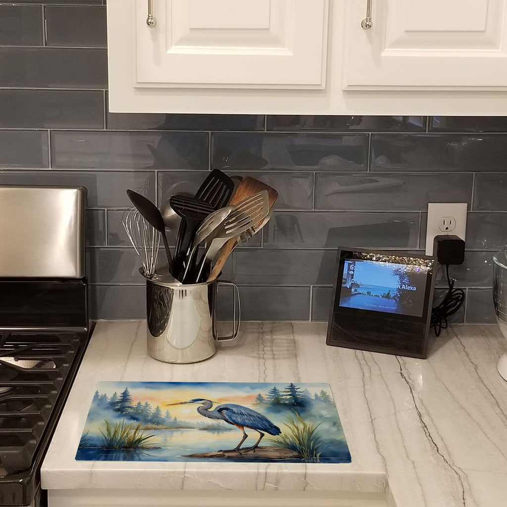 Great Blue Heron Marsh Landscape Watercolor Cutting Board Tempered Glass Kitchen Cutting Surface, Heat Resistant Chopping, Non-Slip Feet, Food Prep & Serving