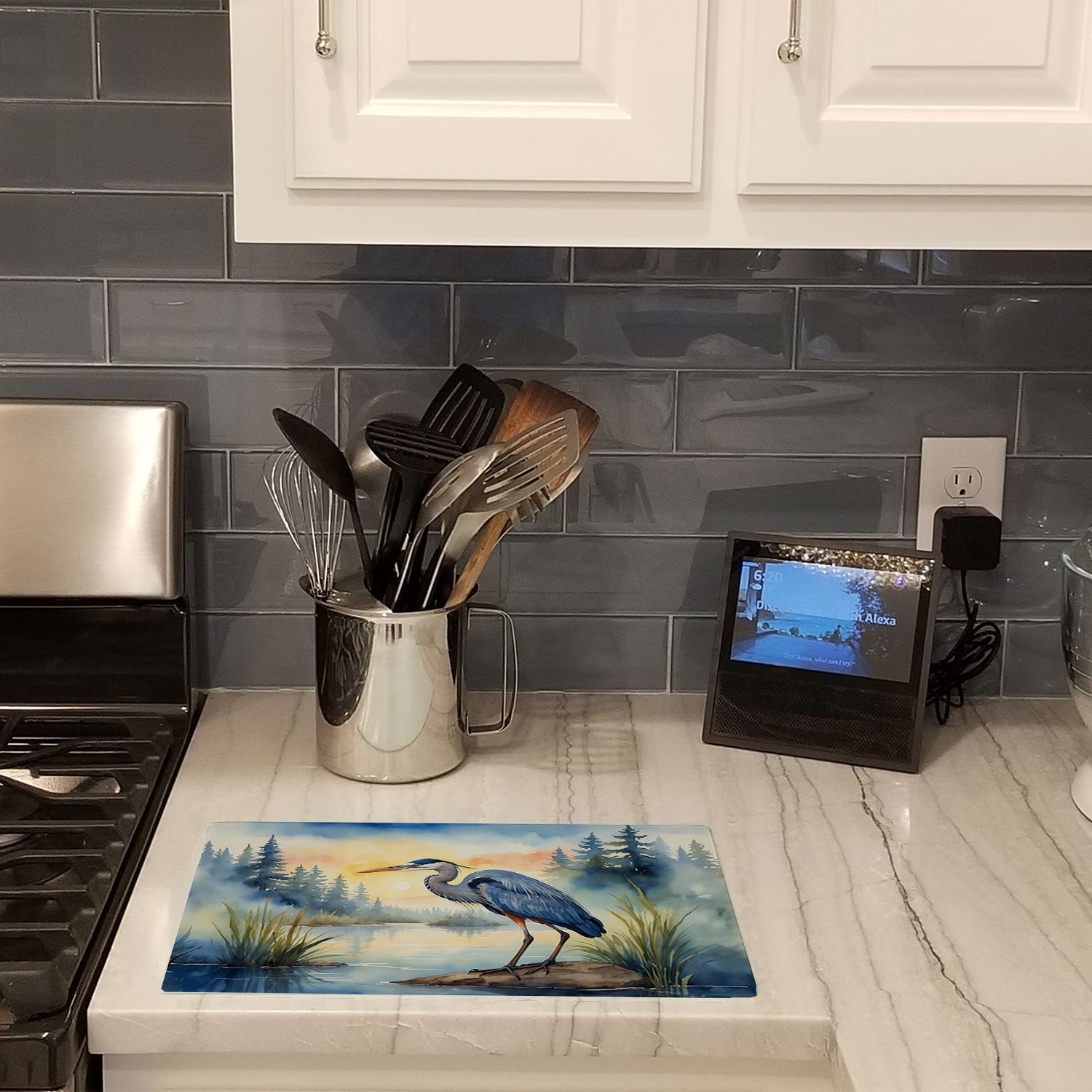 Great Blue Heron Marsh Landscape Watercolor Cutting Board Tempered Glass Kitchen Cutting Surface, Heat Resistant Chopping, Non-Slip Feet, Food Prep & Serving