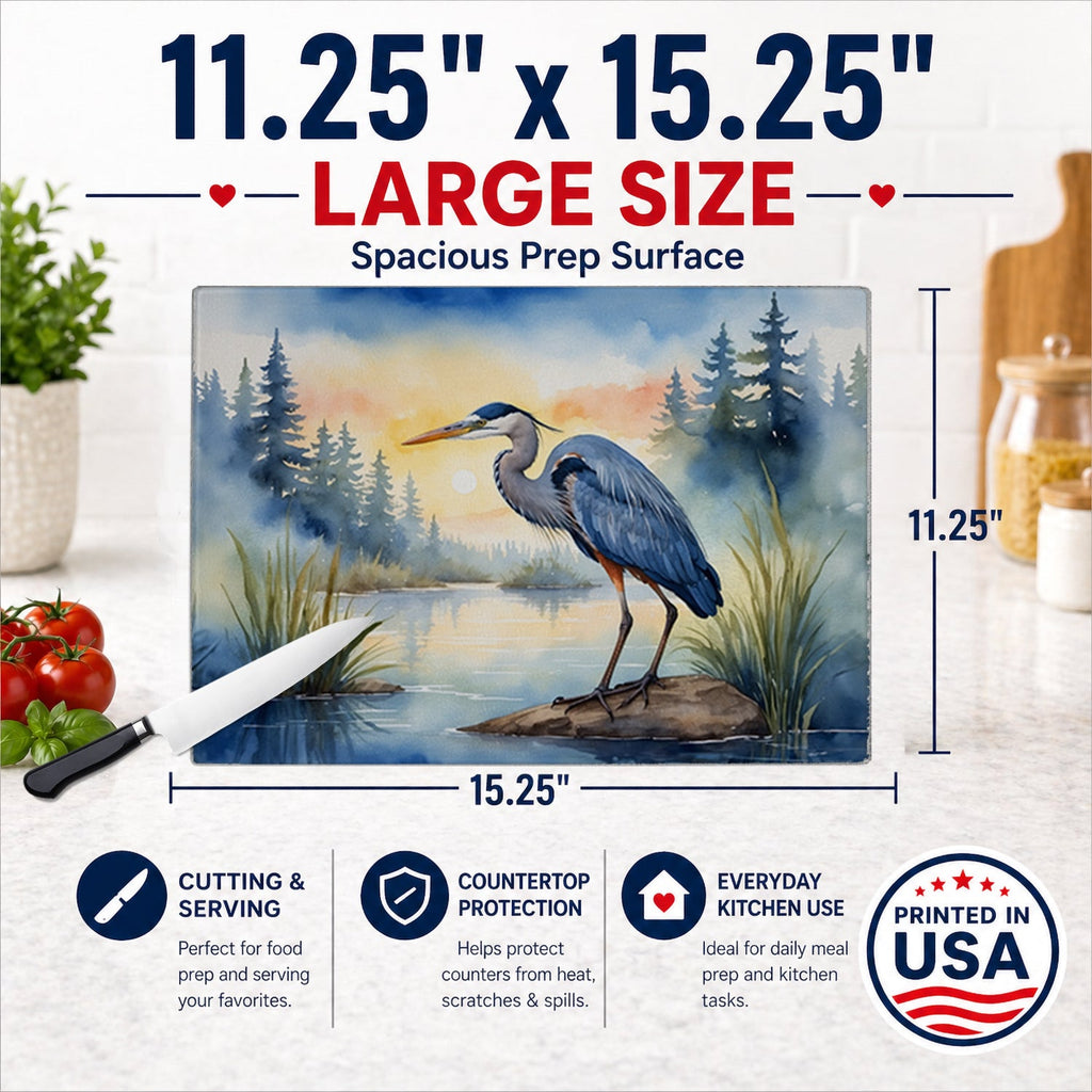 Great Blue Heron Marsh Landscape Watercolor Cutting Board Tempered Glass Kitchen Cutting Surface, Heat Resistant Chopping, Non-Slip Feet, Food Prep & Serving