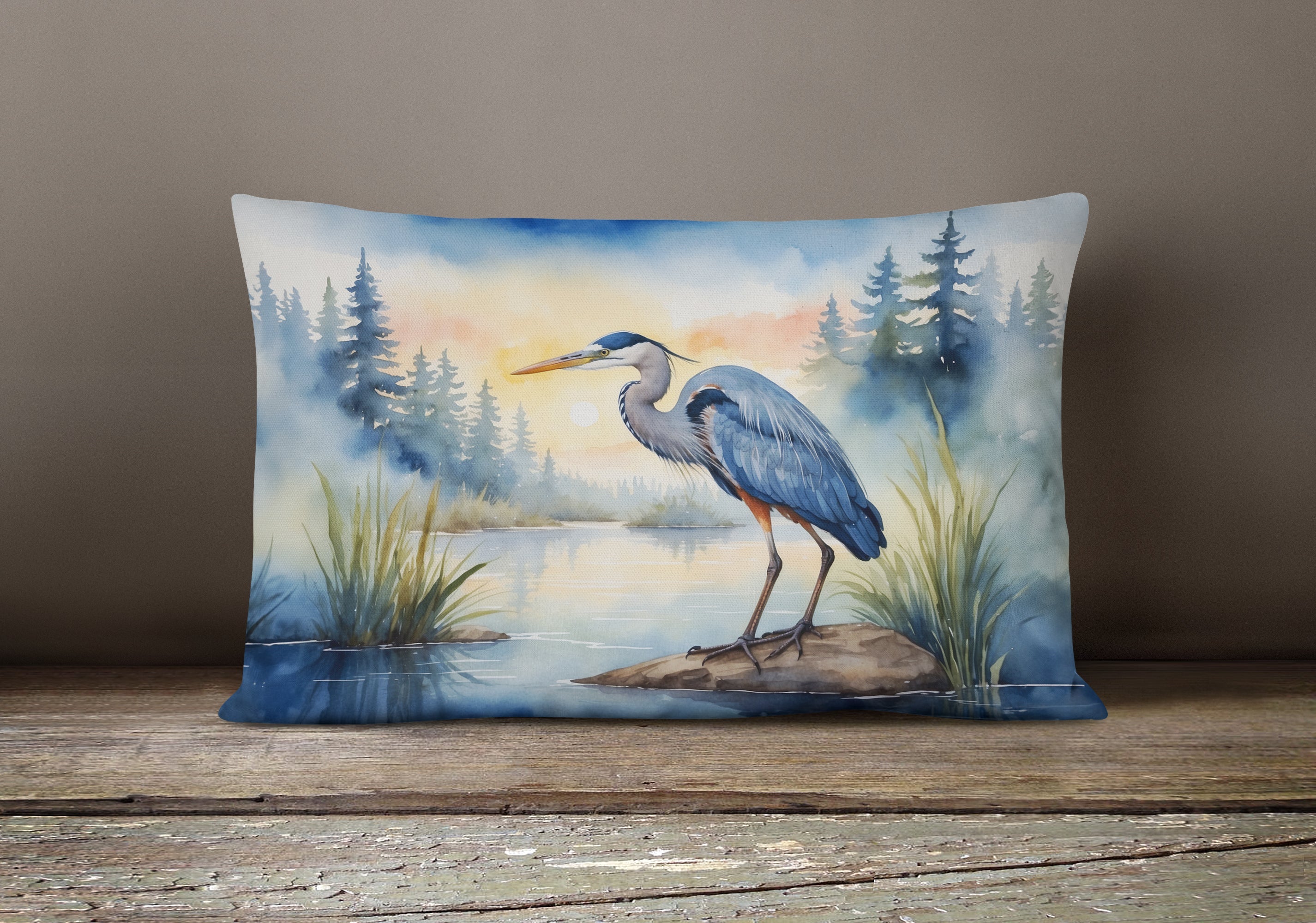 Great Blue Heron Marsh Landscape Watercolor Decorative Throw Pillow 12x16 Indoor Outdoor Accent Cushion, Fabric Cover with Insert for Sofa, Bed, Porch & Living Room