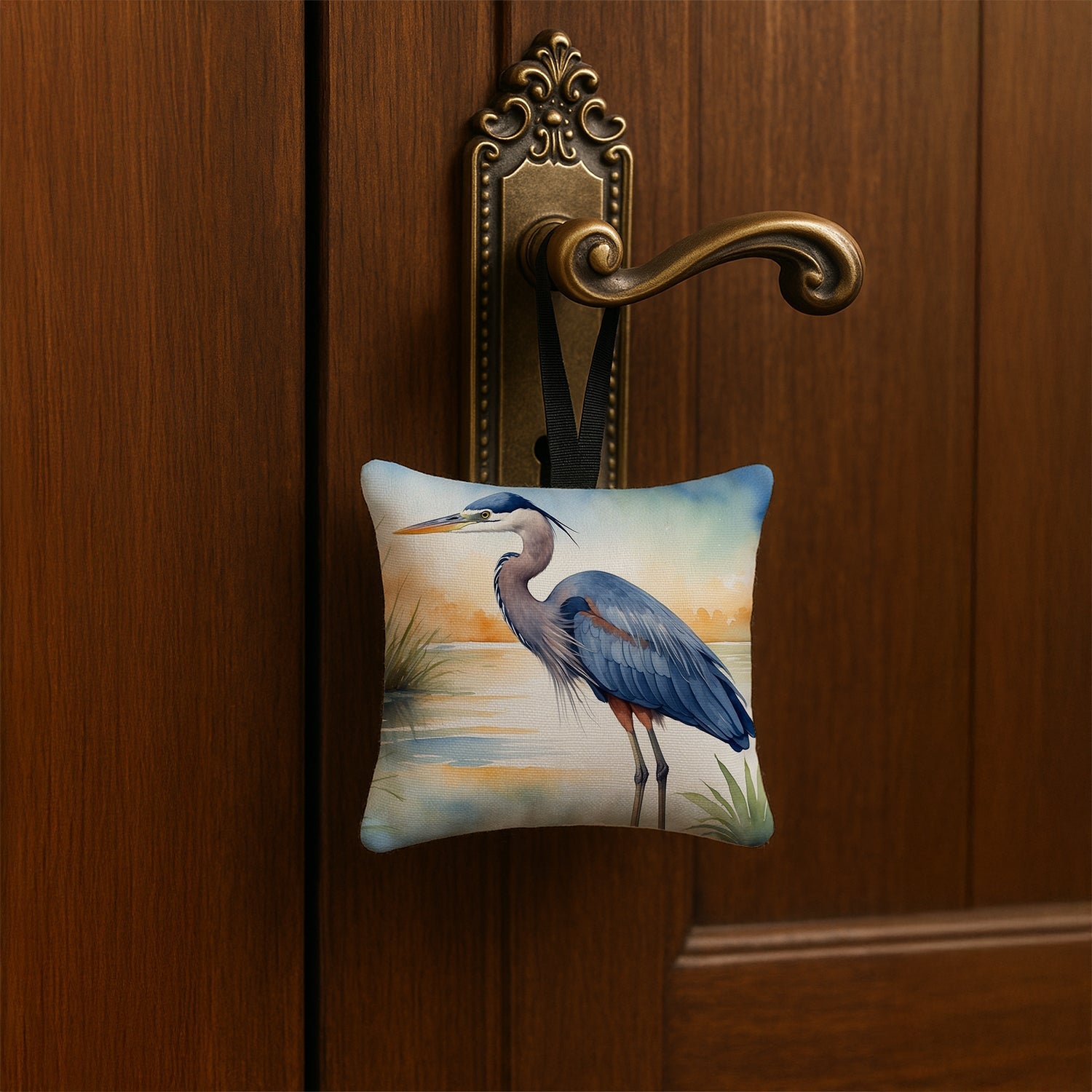 Great Blue Heron Wetland Scene Watercolor Hanging Square Fabric Ornament 3.5 × 3.5 Decorative Door-Knob & Tree Hanger, Soft Fabric