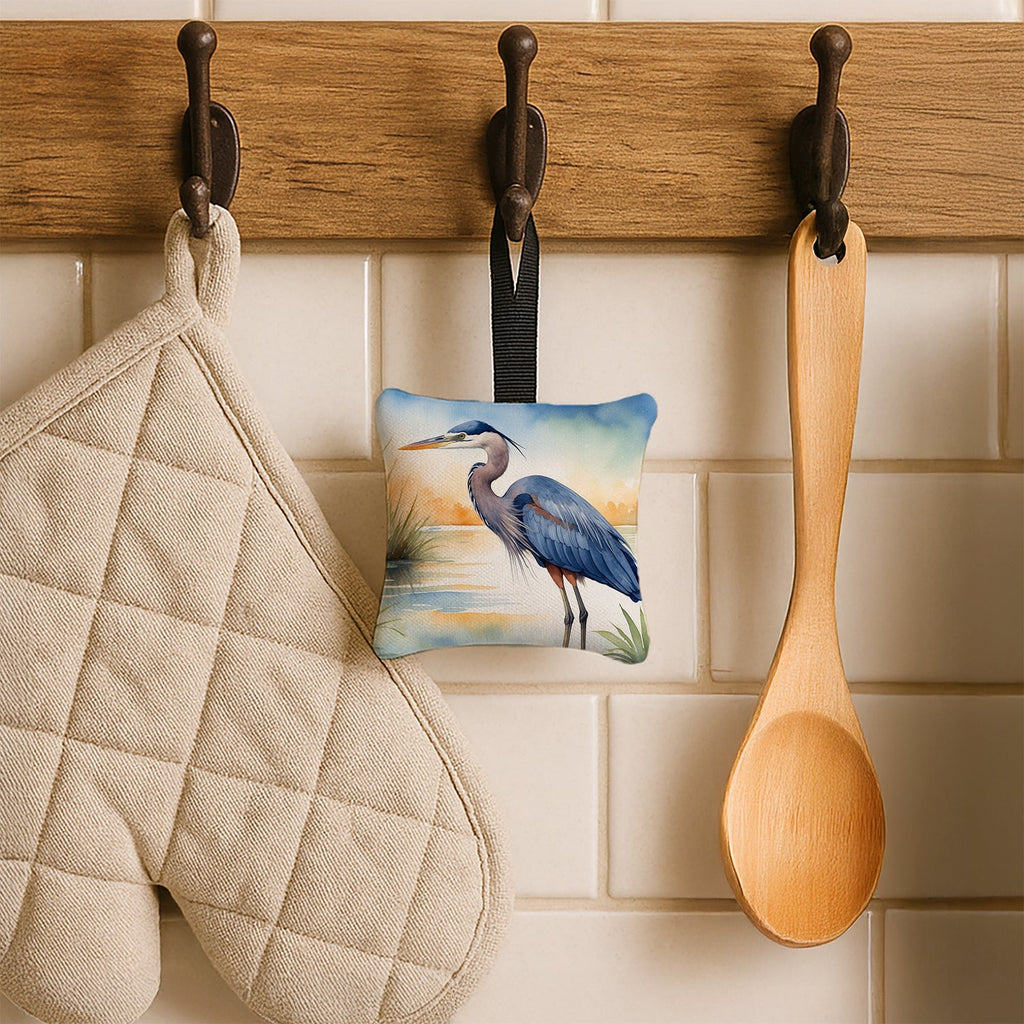 Great Blue Heron Wetland Scene Watercolor Hanging Square Fabric Ornament 3.5 × 3.5 Decorative Door-Knob & Tree Hanger, Soft Fabric