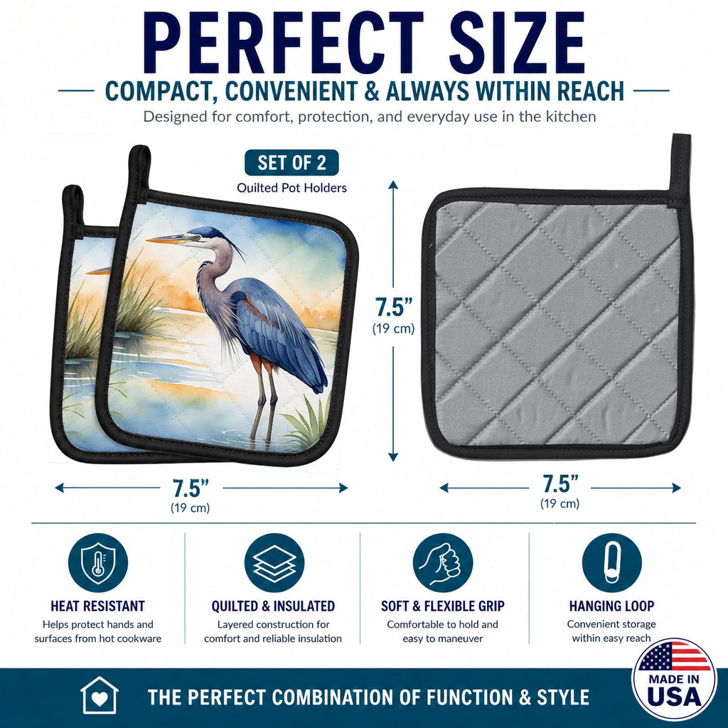 Great Blue Heron Wetland Scene Watercolor Pot Holder Set of 2 Heat Resistant Quilted Hot Pads 7.5 x 7.5 Inch, Insulated Kitchen Trivets for Cooking & Baking