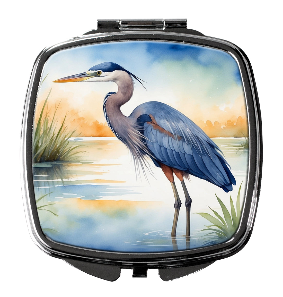 Great Blue Heron Wetland Scene Watercolor Compact Mirror Decorative Travel Makeup Mirror for Women Girls Gifts Pocket Makeup Mirror Folding Handheld