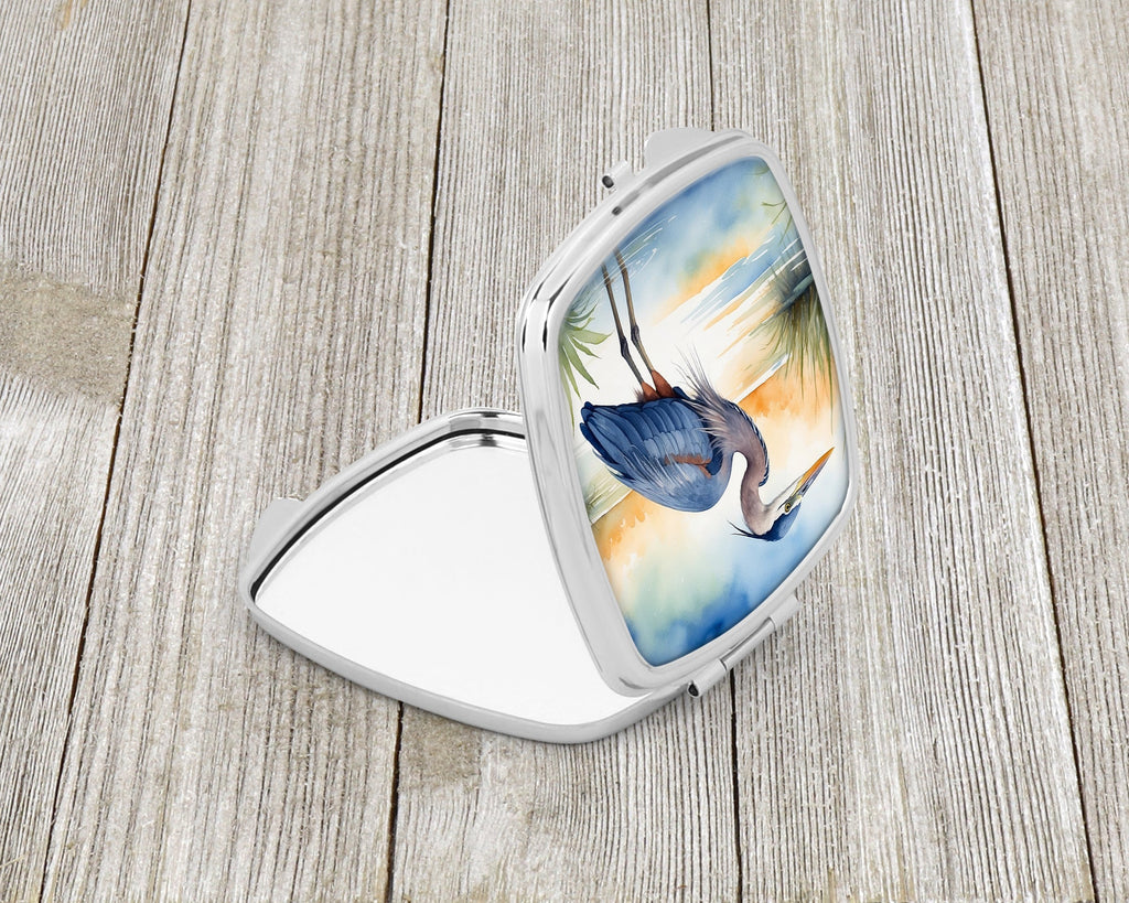 Great Blue Heron Wetland Scene Watercolor Compact Mirror Decorative Travel Makeup Mirror for Women Girls Gifts Pocket Makeup Mirror Folding Handheld