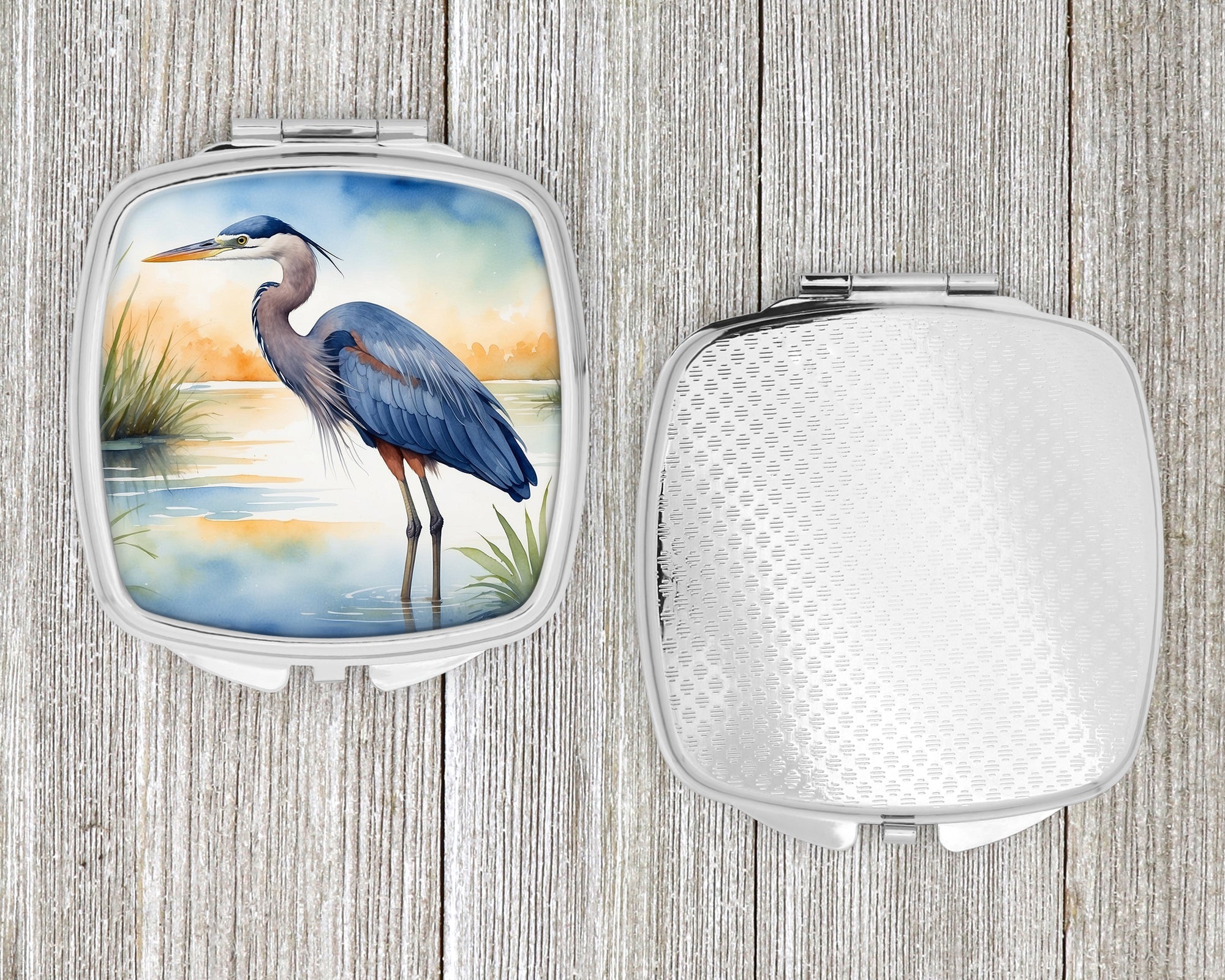 Great Blue Heron Wetland Scene Watercolor Compact Mirror Decorative Travel Makeup Mirror for Women Girls Gifts Pocket Makeup Mirror Folding Handheld