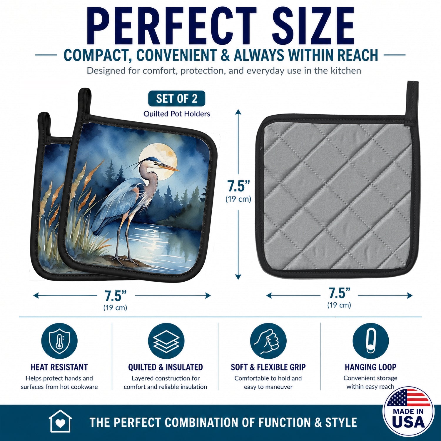 Great Blue Heron Moonlight Marsh Watercolor Pot Holder Set of 2 Heat Resistant Quilted Hot Pads 7.5 x 7.5 Inch, Insulated Kitchen Trivets for Cooking & Baking