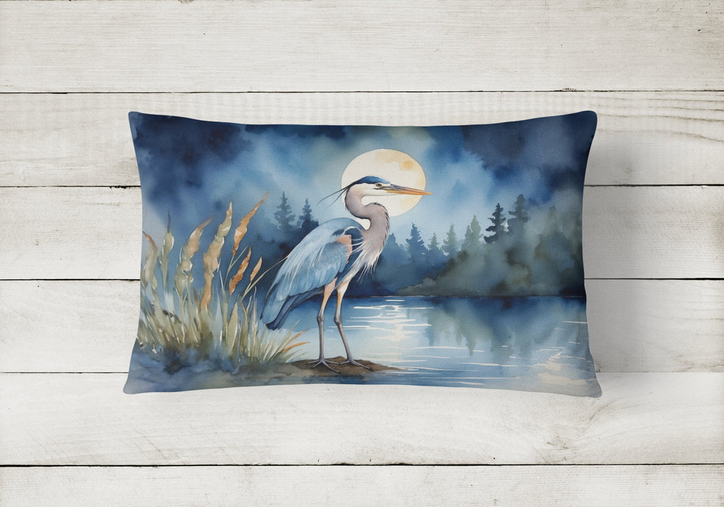 Great Blue Heron Moonlight Marsh Watercolor Decorative Throw Pillow 12x16 Indoor Outdoor Accent Cushion, Fabric Cover with Insert for Sofa, Bed, Porch & Living Room