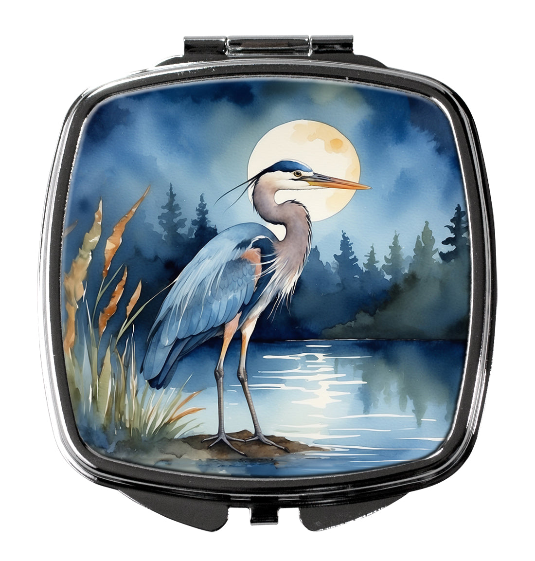 Great Blue Heron Moonlight Marsh Watercolor Compact Mirror Decorative Travel Makeup Mirror for Women Girls Gifts Pocket Makeup Mirror Folding Handheld