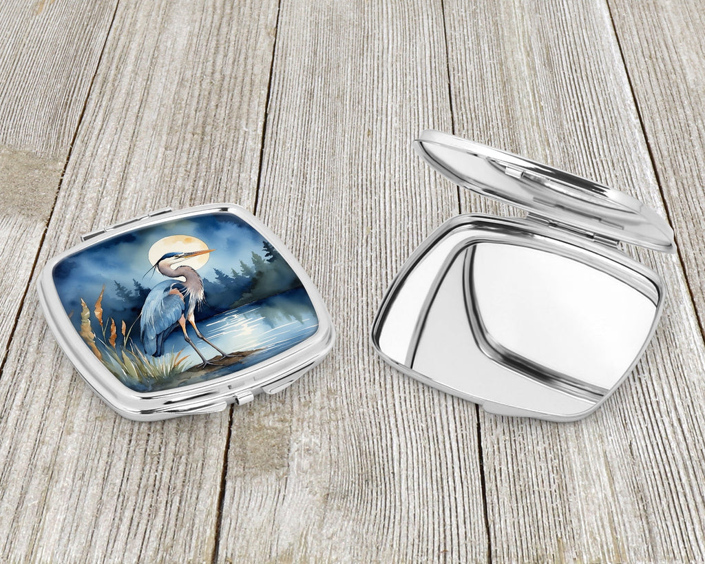 Great Blue Heron Moonlight Marsh Watercolor Compact Mirror Decorative Travel Makeup Mirror for Women Girls Gifts Pocket Makeup Mirror Folding Handheld