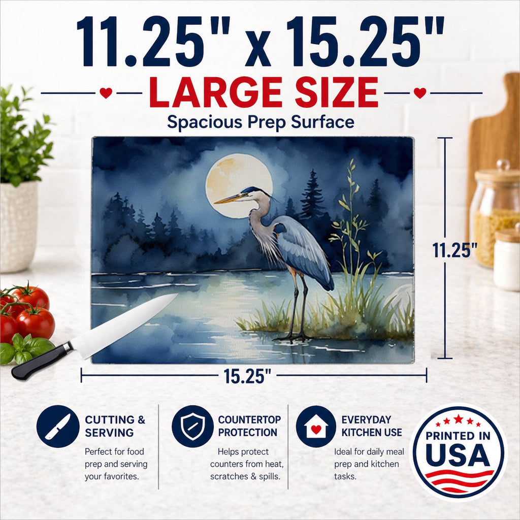 Great Blue Heron Night Lake Scene Watercolor Cutting Board Tempered Glass Kitchen Cutting Surface, Heat Resistant Chopping, Non-Slip Feet, Food Prep & Serving