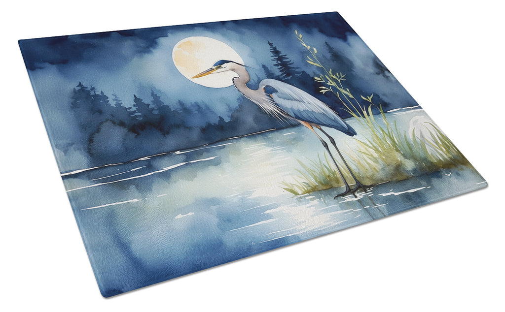 Great Blue Heron Night Lake Scene Watercolor Cutting Board Tempered Glass Kitchen Cutting Surface, Heat Resistant Chopping, Non-Slip Feet, Food Prep & Serving