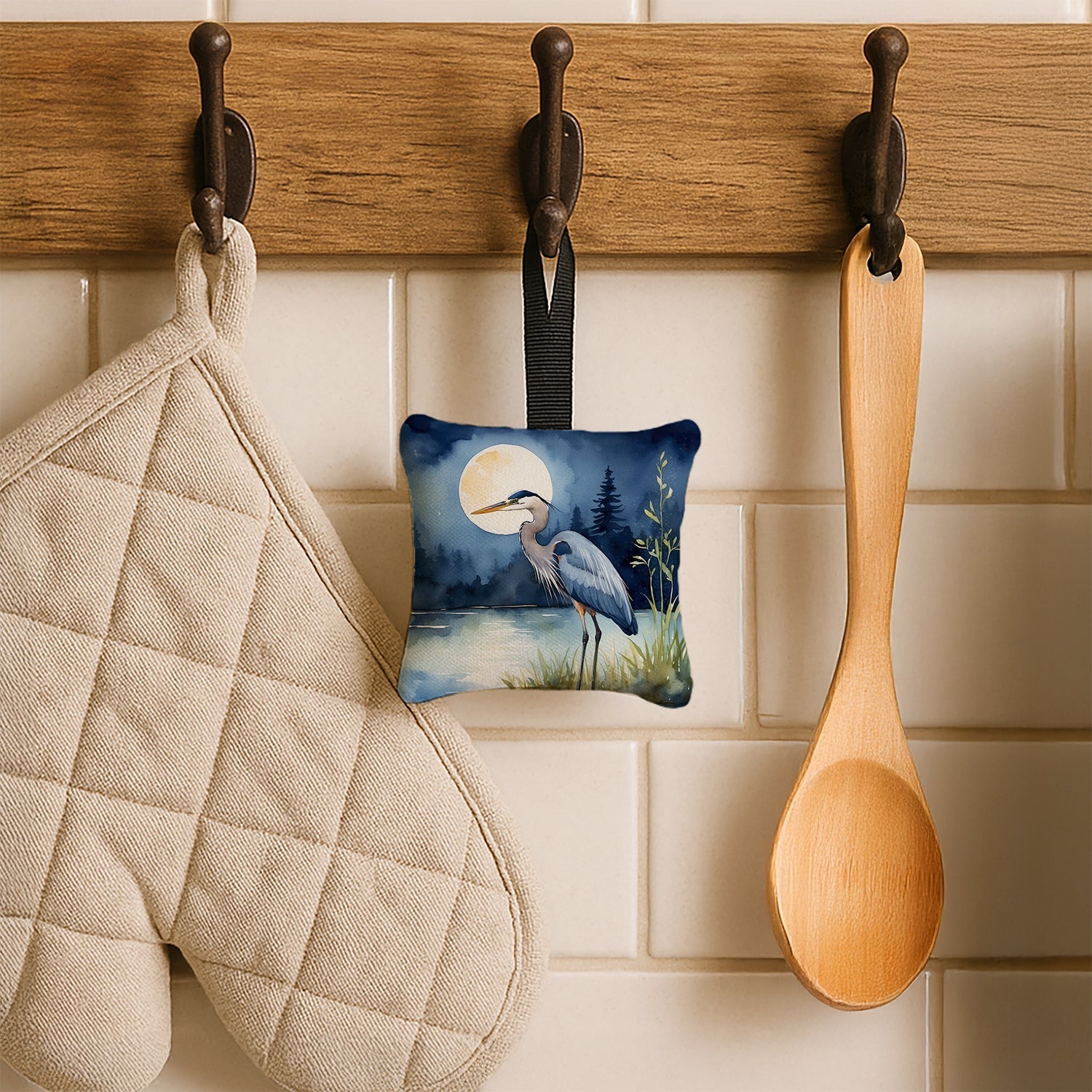 Great Blue Heron Night Lake Scene Watercolor Hanging Square Fabric Ornament 3.5 × 3.5 Decorative Door-Knob & Tree Hanger, Soft Fabric