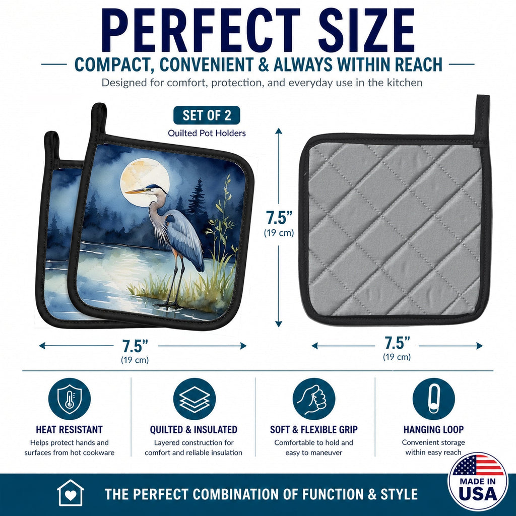 Great Blue Heron Night Lake Scene Watercolor Pot Holder Set of 2 Heat Resistant Quilted Hot Pads 7.5 x 7.5 Inch, Insulated Kitchen Trivets for Cooking & Baking