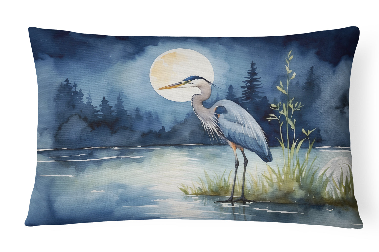Great Blue Heron Night Lake Scene Watercolor Decorative Throw Pillow 12x16 Indoor Outdoor Accent Cushion, Fabric Cover with Insert for Sofa, Bed, Porch & Living Room