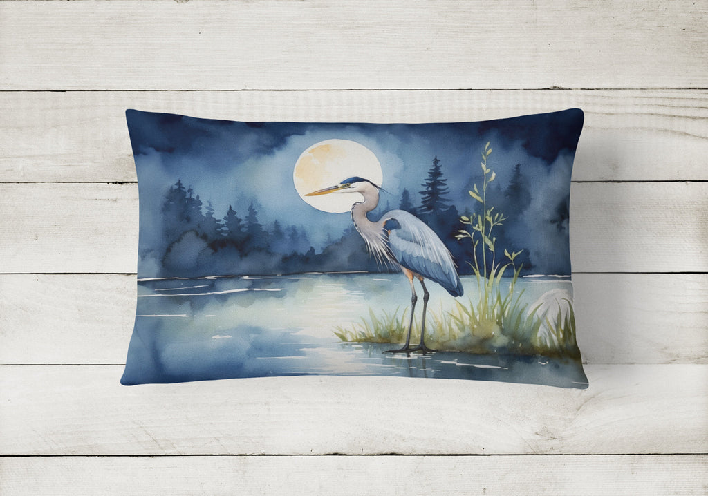 Great Blue Heron Night Lake Scene Watercolor Decorative Throw Pillow 12x16 Indoor Outdoor Accent Cushion, Fabric Cover with Insert for Sofa, Bed, Porch & Living Room
