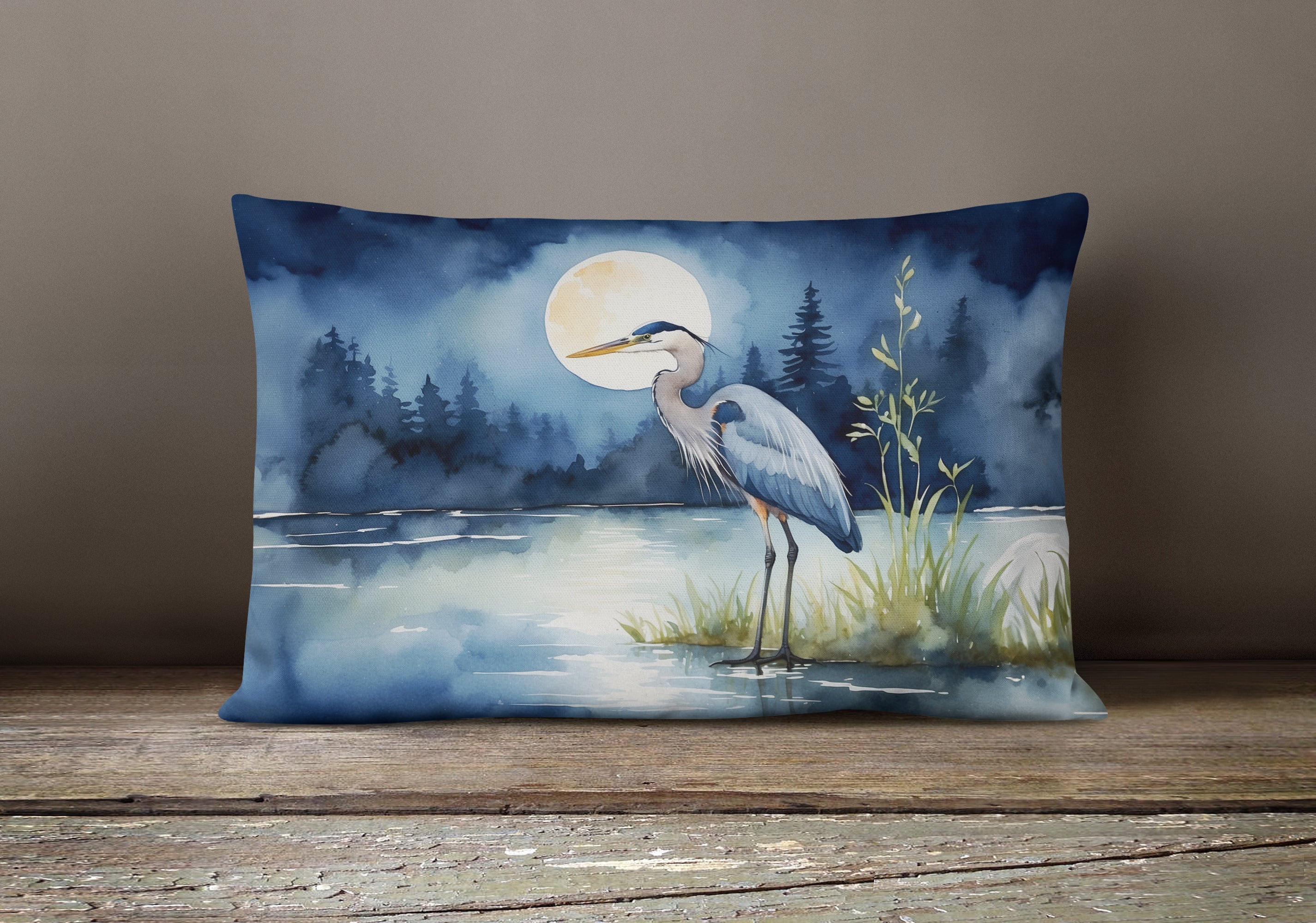 Great Blue Heron Night Lake Scene Watercolor Decorative Throw Pillow 12x16 Indoor Outdoor Accent Cushion, Fabric Cover with Insert for Sofa, Bed, Porch & Living Room