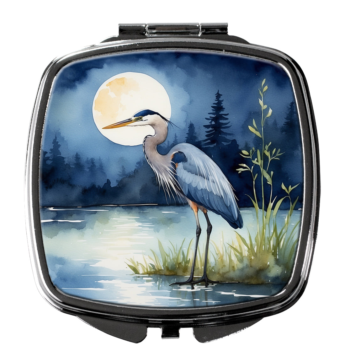 Great Blue Heron Night Lake Scene Watercolor Compact Mirror Decorative Travel Makeup Mirror for Women Girls Gifts Pocket Makeup Mirror Folding Handheld