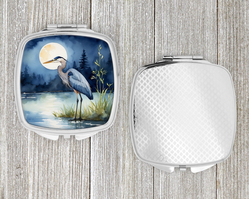 Great Blue Heron Night Lake Scene Watercolor Compact Mirror Decorative Travel Makeup Mirror for Women Girls Gifts Pocket Makeup Mirror Folding Handheld