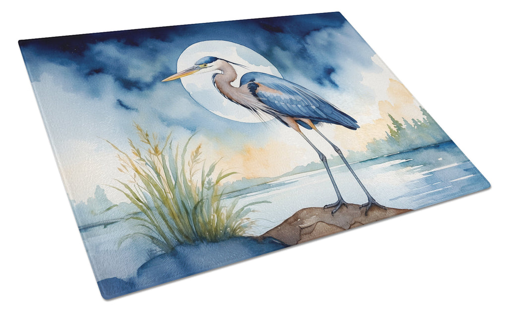 Great Blue Heron Full Moon Watercolor Cutting Board Tempered Glass Kitchen Cutting Surface, Heat Resistant Chopping, Non-Slip Feet, Food Prep & Serving