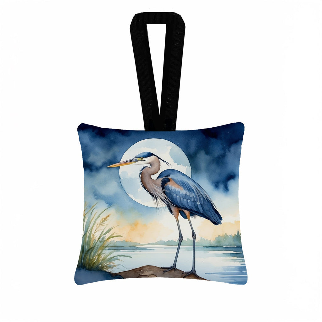 Great Blue Heron Full Moon Watercolor Hanging Square Fabric Ornament 3.5 × 3.5 Decorative Door-Knob & Tree Hanger, Soft Fabric