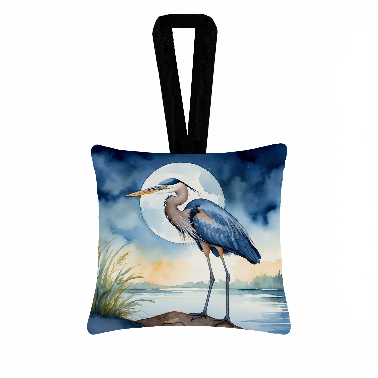 Great Blue Heron Full Moon Watercolor Hanging Square Fabric Ornament 3.5 × 3.5 Decorative Door-Knob & Tree Hanger, Soft Fabric