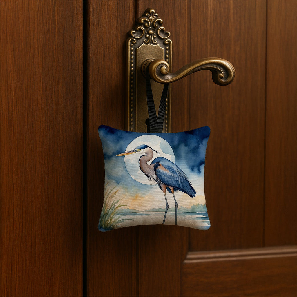 Great Blue Heron Full Moon Watercolor Hanging Square Fabric Ornament 3.5 × 3.5 Decorative Door-Knob & Tree Hanger, Soft Fabric