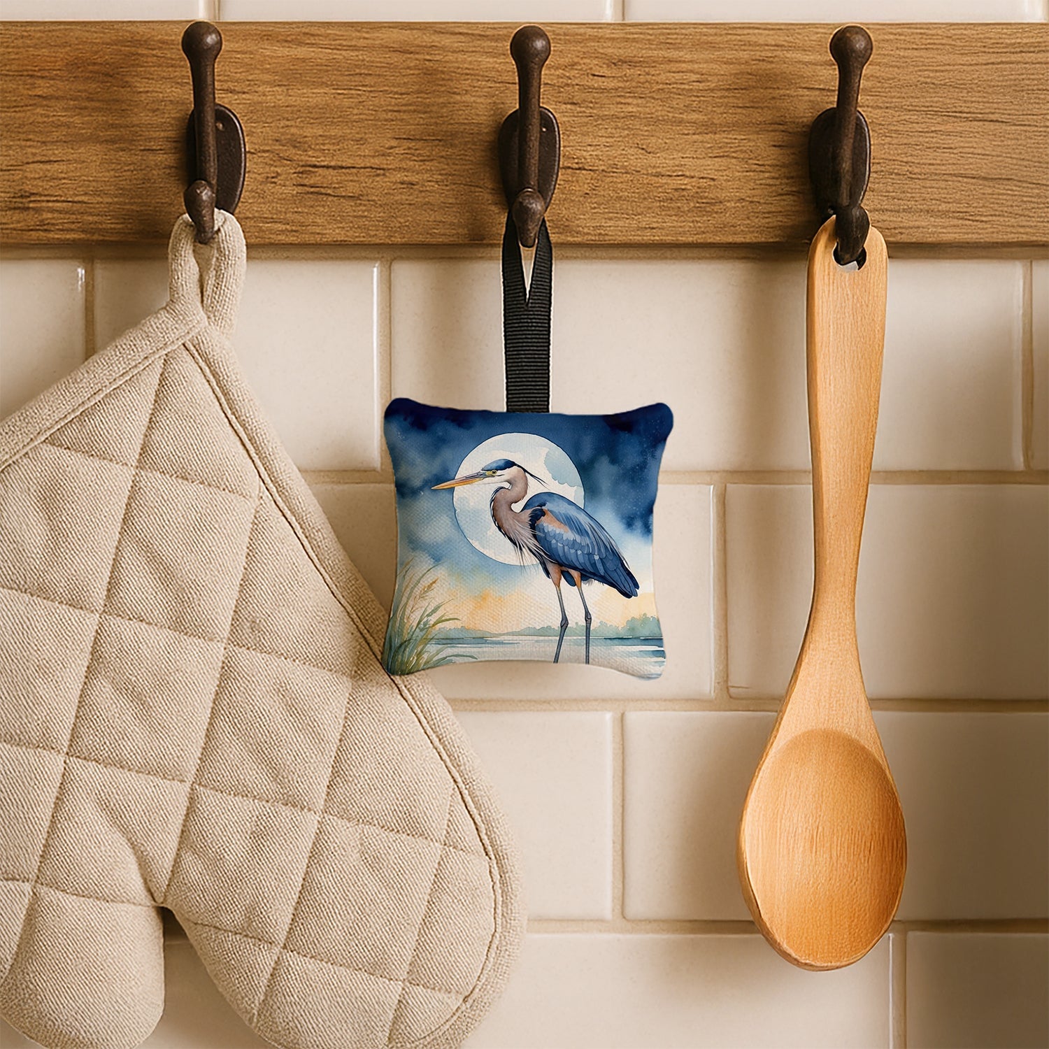 Great Blue Heron Full Moon Watercolor Hanging Square Fabric Ornament 3.5 × 3.5 Decorative Door-Knob & Tree Hanger, Soft Fabric