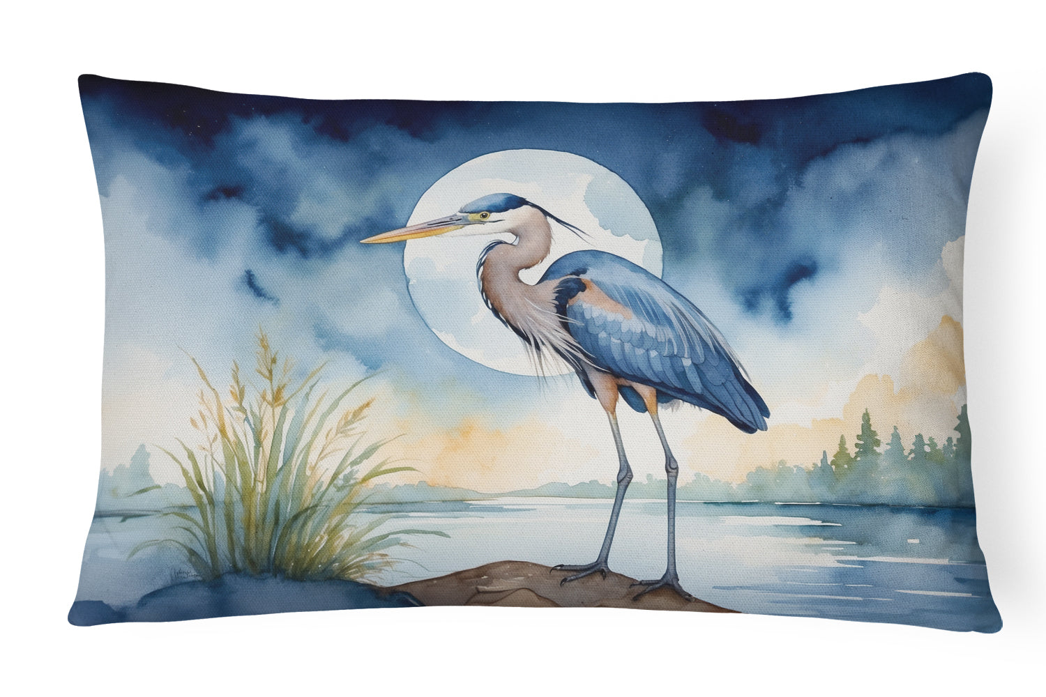 Great Blue Heron Full Moon Watercolor Decorative Throw Pillow 12x16 Indoor Outdoor Accent Cushion, Fabric Cover with Insert for Sofa, Bed, Porch & Living Room