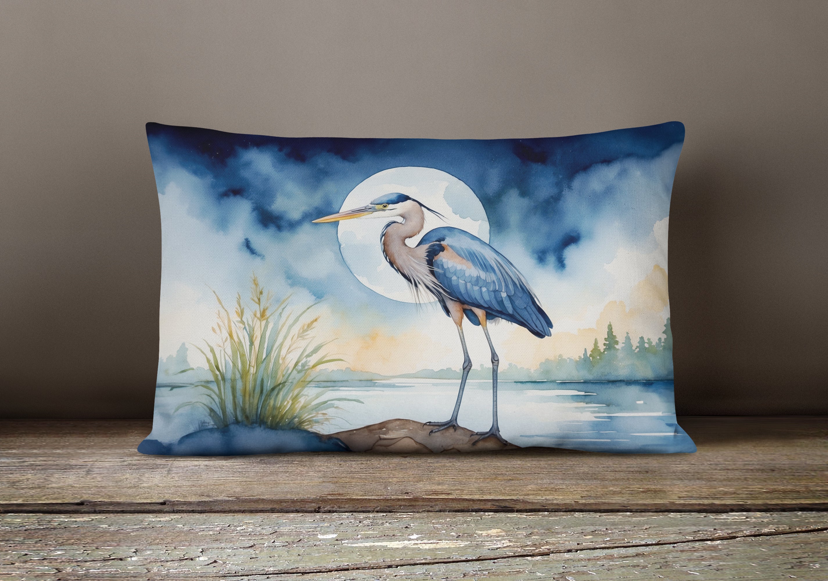 Great Blue Heron Full Moon Watercolor Decorative Throw Pillow 12x16 Indoor Outdoor Accent Cushion, Fabric Cover with Insert for Sofa, Bed, Porch & Living Room