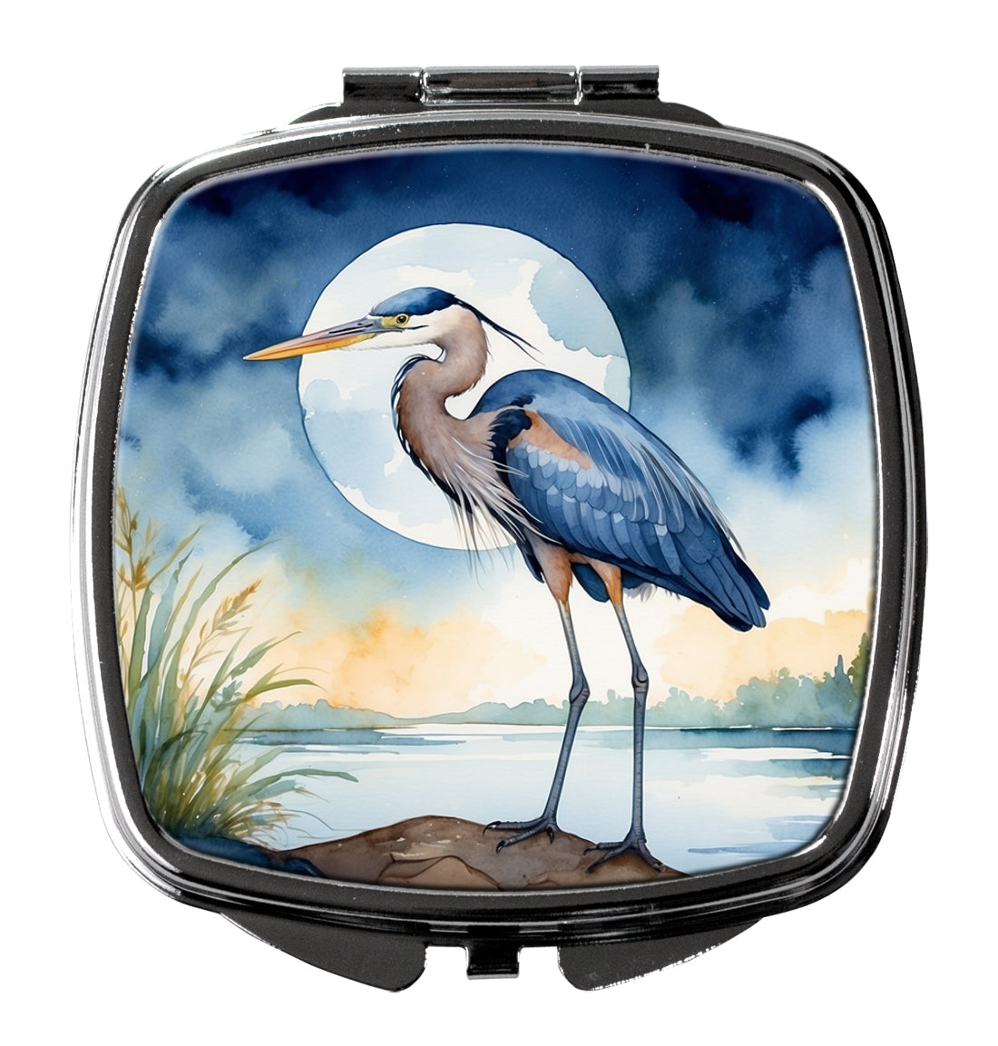 Great Blue Heron Full Moon Watercolor Compact Mirror Decorative Travel Makeup Mirror for Women Girls Gifts Pocket Makeup Mirror Folding Handheld