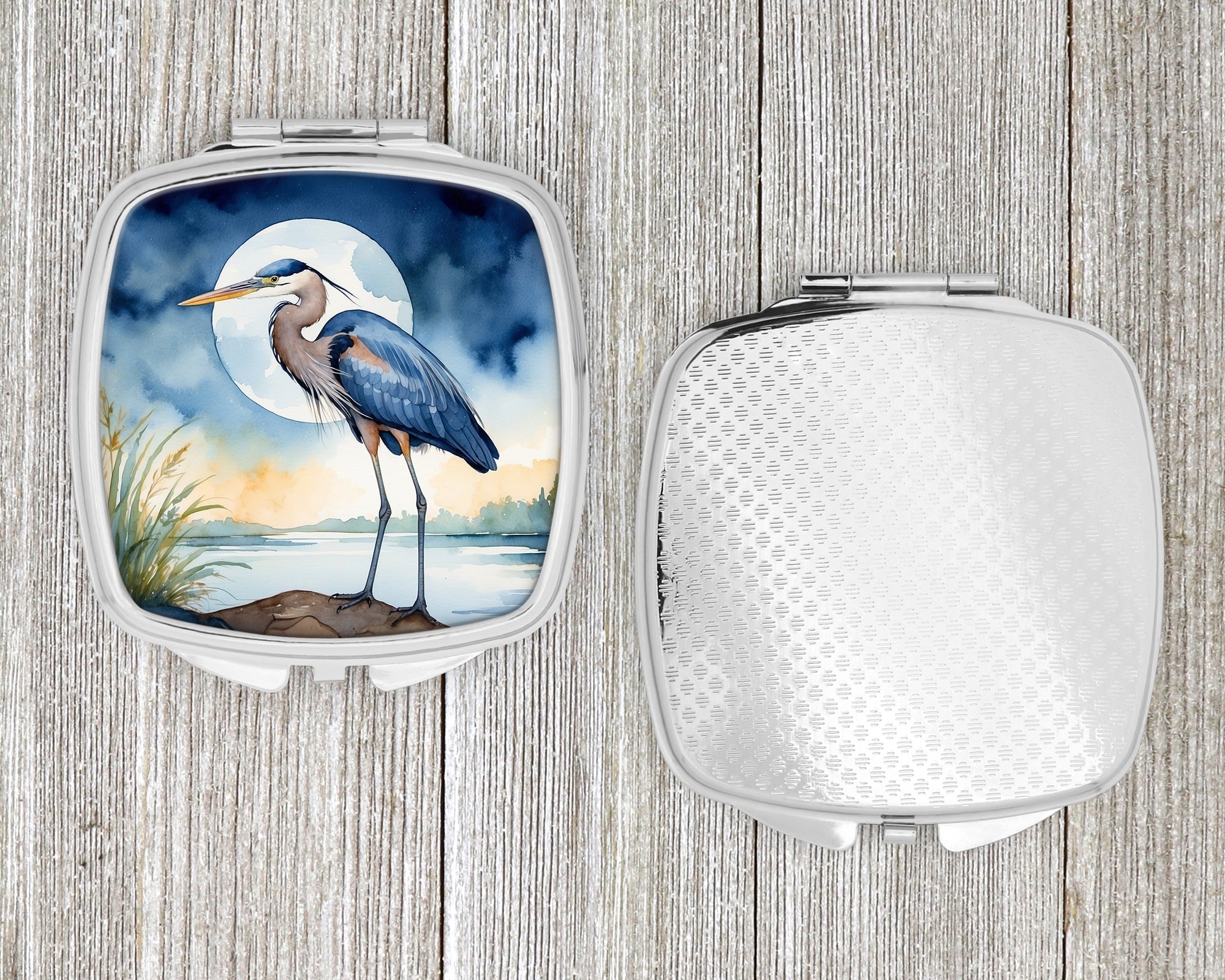 Great Blue Heron Full Moon Watercolor Compact Mirror Decorative Travel Makeup Mirror for Women Girls Gifts Pocket Makeup Mirror Folding Handheld