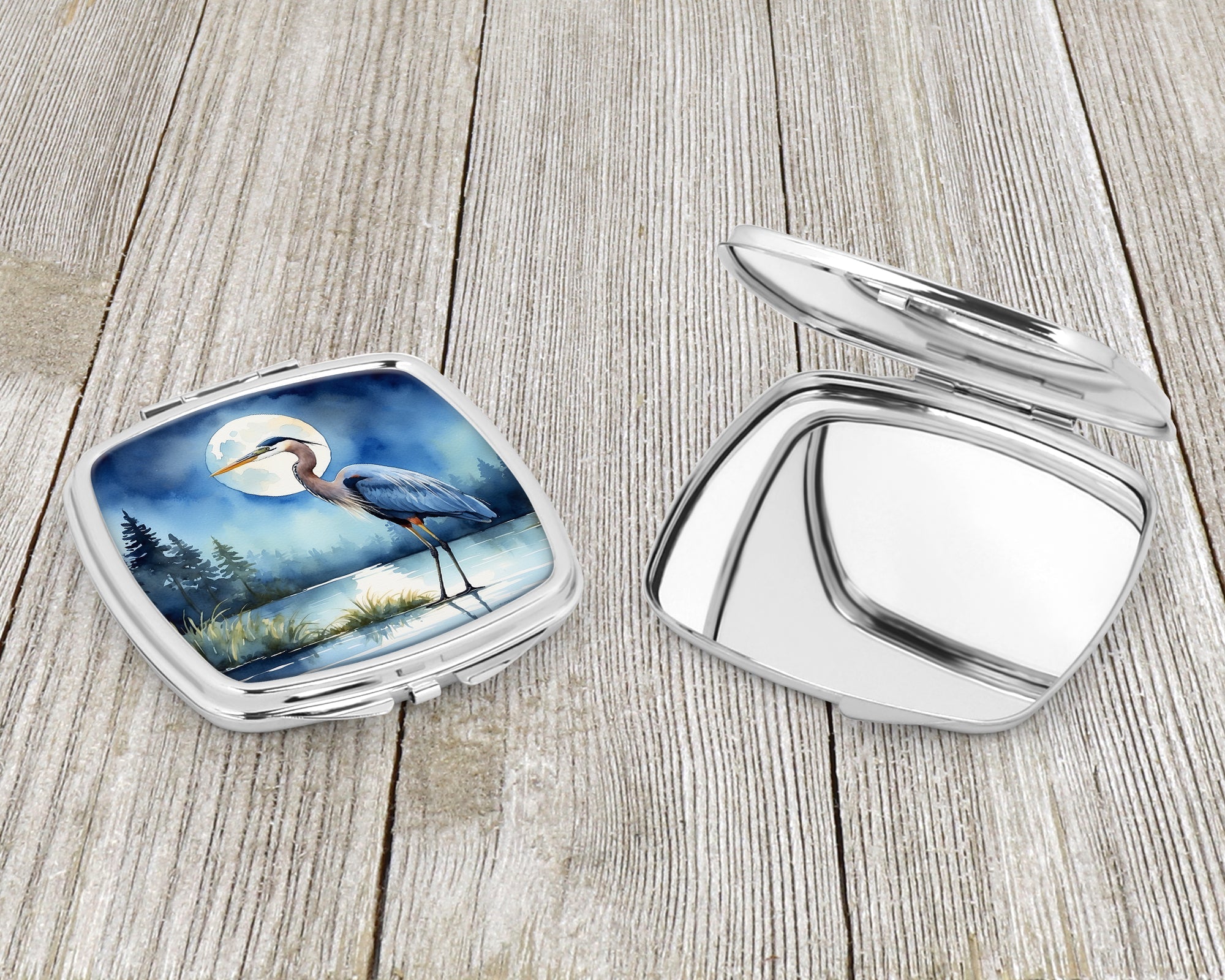 Great Blue Heron Lake Reflection Watercolor Compact Mirror Decorative Travel Makeup Mirror for Women Girls Gifts Pocket Makeup Mirror Folding Handheld
