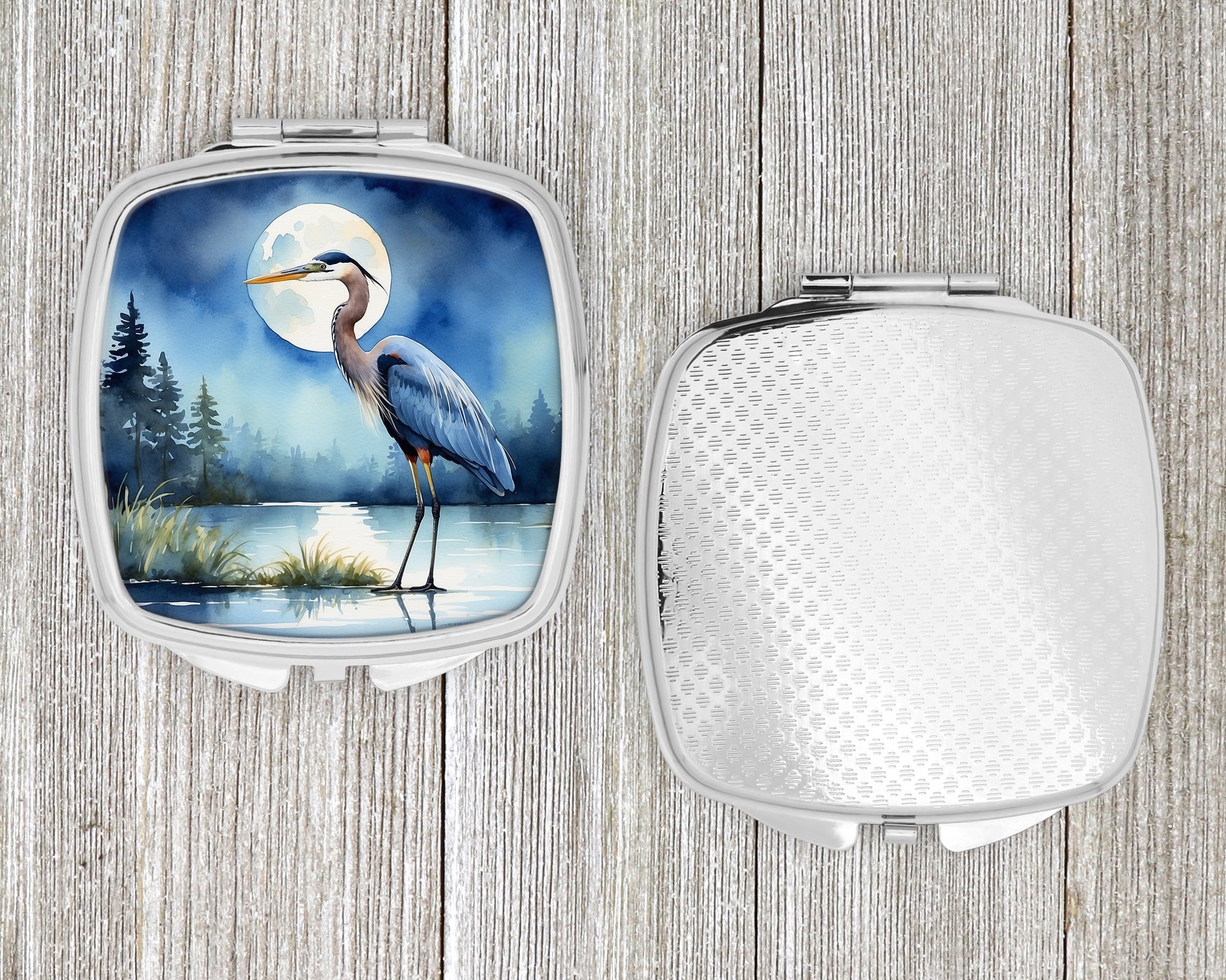 Great Blue Heron Lake Reflection Watercolor Compact Mirror Decorative Travel Makeup Mirror for Women Girls Gifts Pocket Makeup Mirror Folding Handheld