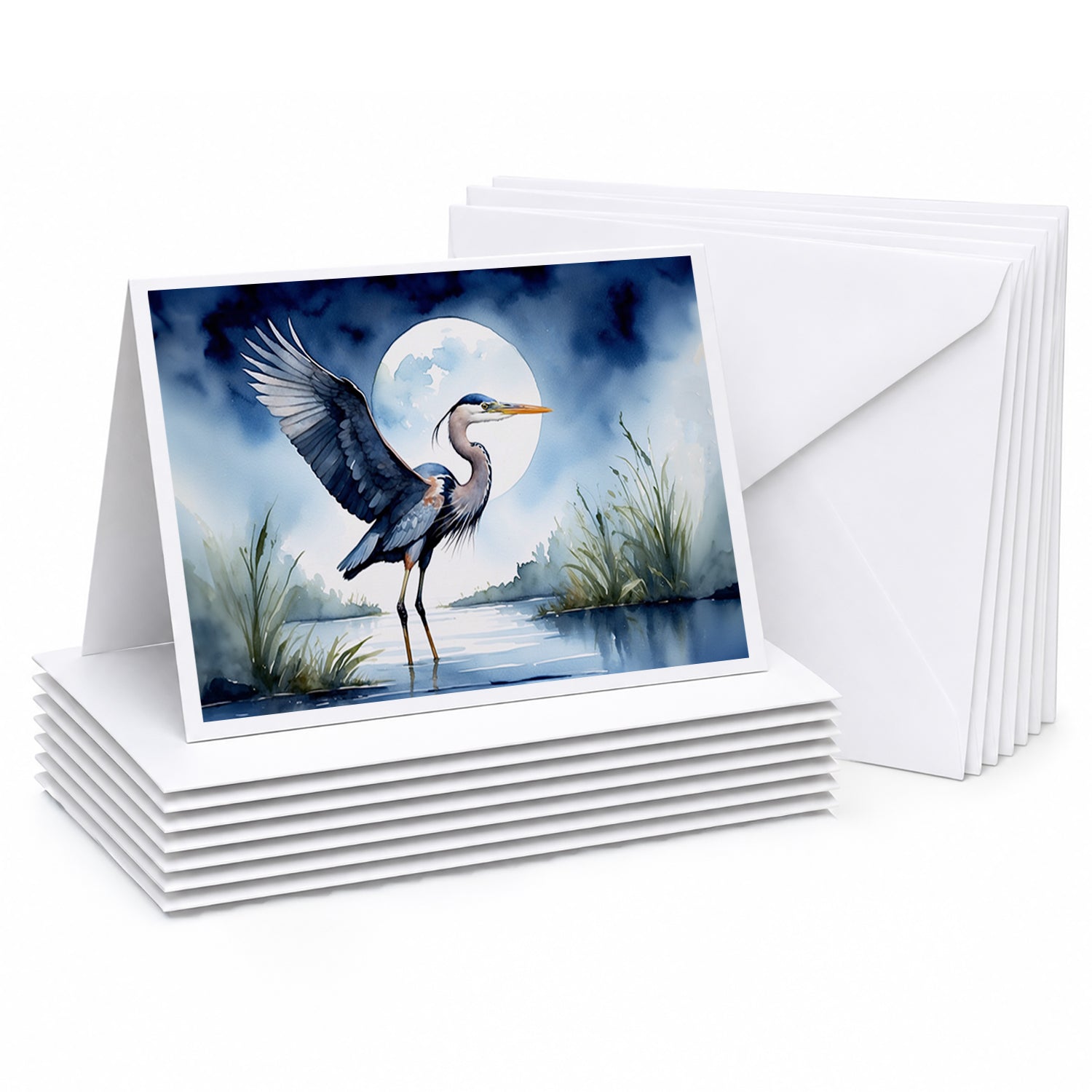Great Blue Heron Sunrise Lake Watercolor Greeting Cards Pack of 8 Blank Cards with Envelopes Whimsical A7 Size 5x7