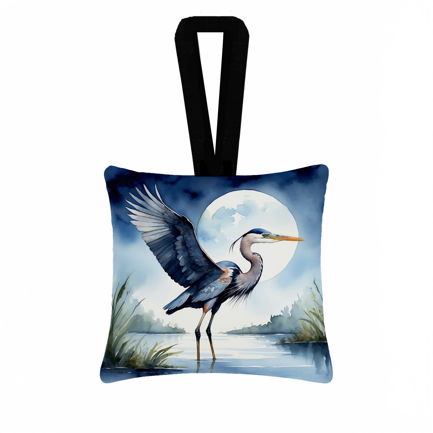 Great Blue Heron Sunrise Lake Watercolor Hanging Square Fabric Ornament 3.5 × 3.5 Decorative Door-Knob & Tree Hanger, Soft Fabric