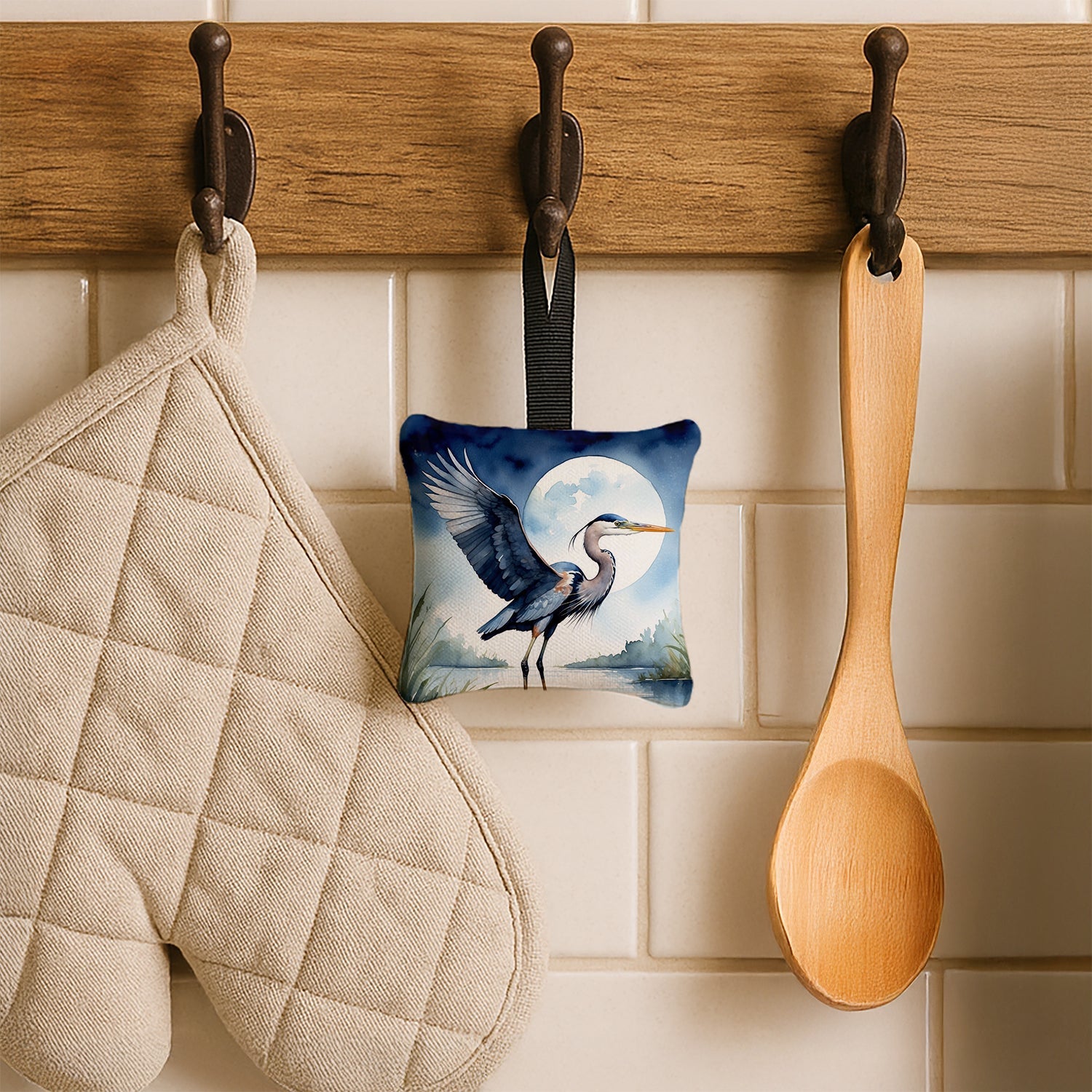 Great Blue Heron Sunrise Lake Watercolor Hanging Square Fabric Ornament 3.5 × 3.5 Decorative Door-Knob & Tree Hanger, Soft Fabric
