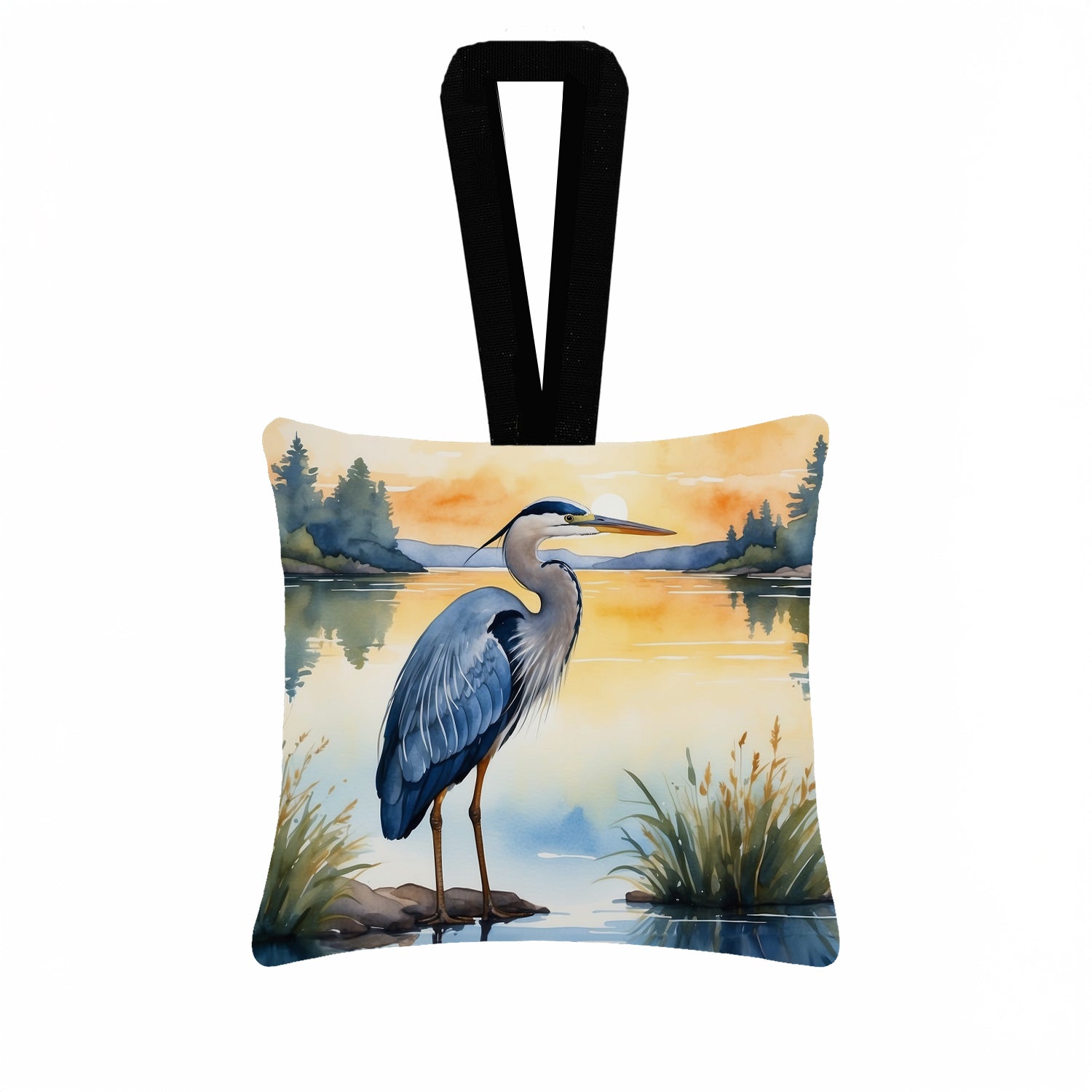 Great Blue Heron Wings Spread Moonlight Watercolor Hanging Square Fabric Ornament 3.5 × 3.5 Decorative Door-Knob & Tree Hanger, Soft Fabric
