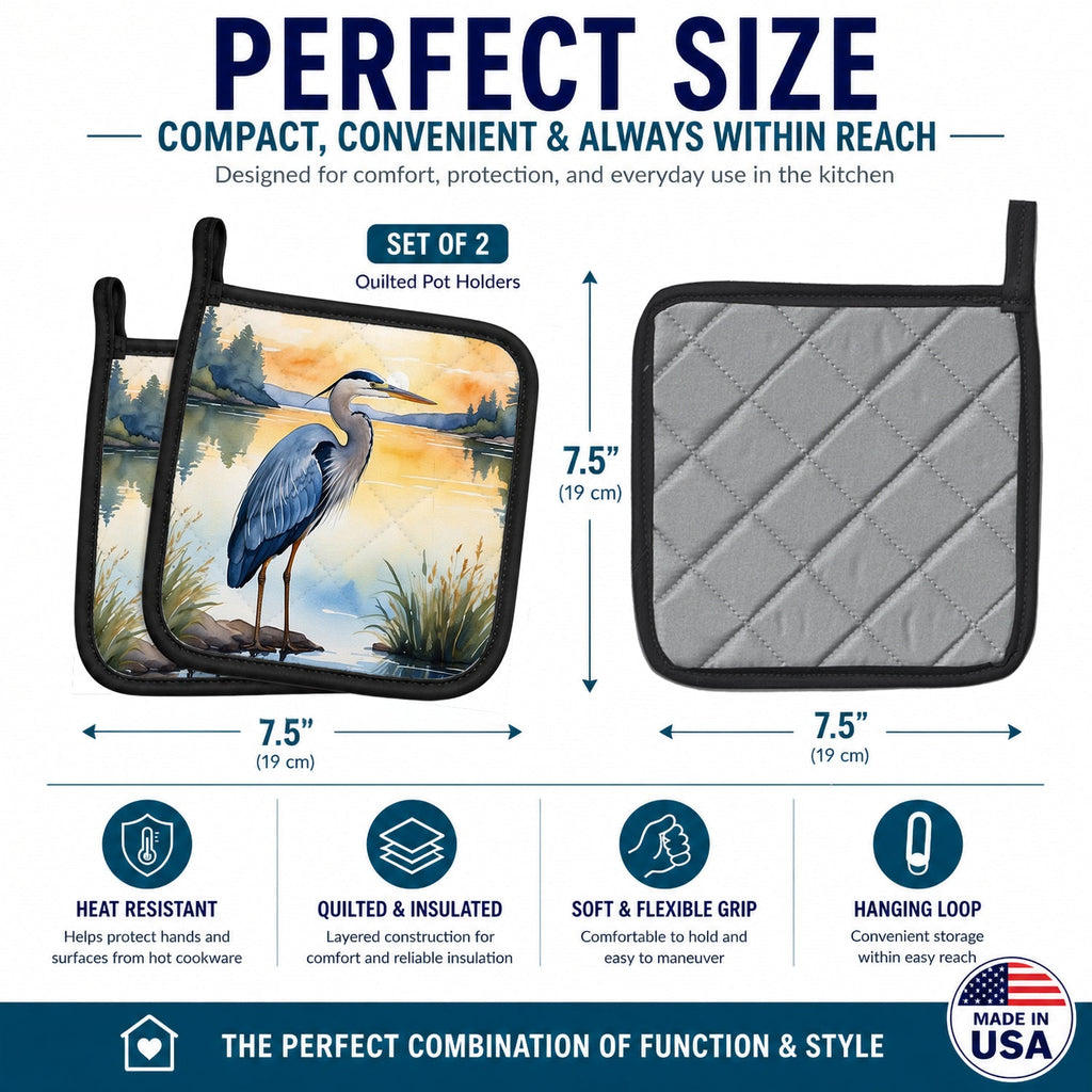 Great Blue Heron Wings Spread Moonlight Watercolor Pot Holder Set of 2 Heat Resistant Quilted Hot Pads 7.5 x 7.5 Inch, Insulated Kitchen Trivets for Cooking & Baking