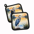 Great Blue Heron Wings Spread Moonlight Watercolor Pot Holder Set of 2 Heat Resistant Quilted Hot Pads 7.5 x 7.5 Inch, Insulated Kitchen Trivets for Cooking & Baking