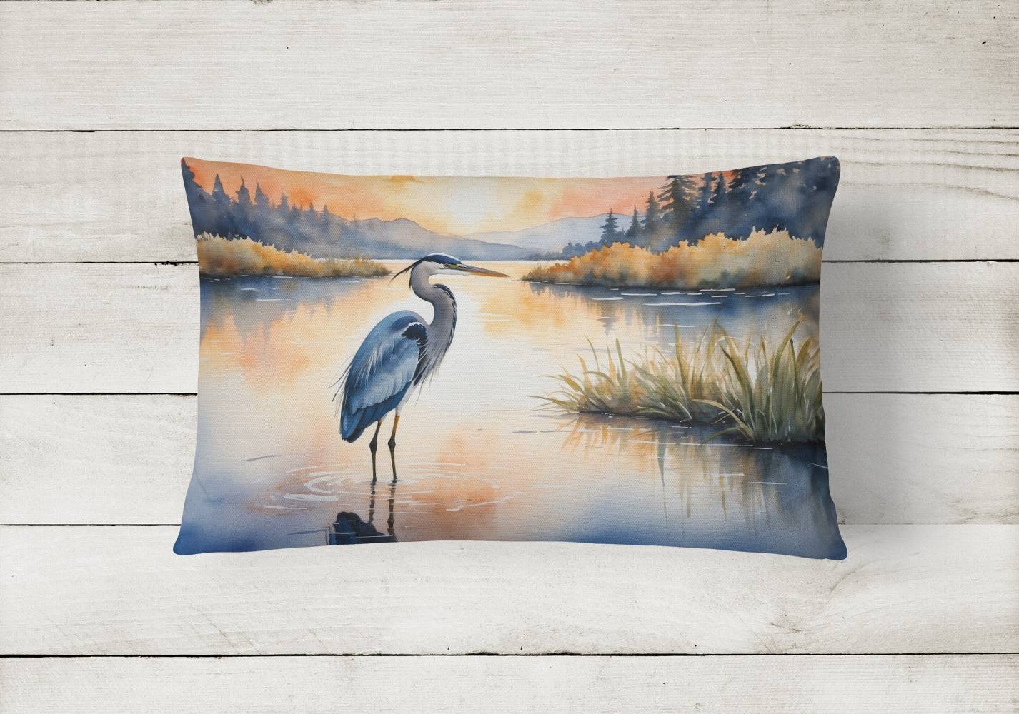 Great Blue Heron Calm Water Reflection Watercolor Decorative Throw Pillow 12x16 Indoor Outdoor Accent Cushion, Fabric Cover with Insert for Sofa, Bed, Porch & Living Room