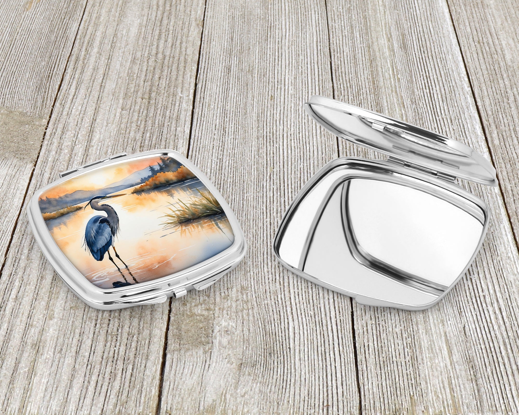 Great Blue Heron Calm Water Reflection Watercolor Compact Mirror Decorative Travel Makeup Mirror for Women Girls Gifts Pocket Makeup Mirror Folding Handheld