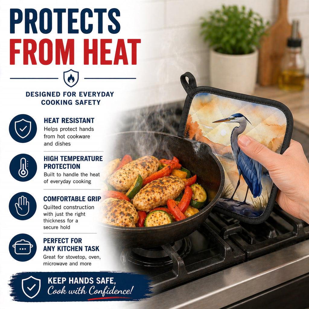 Great Blue Heron Sunset Landscape Watercolor Pot Holder Set of 2 Heat Resistant Quilted Hot Pads 7.5 x 7.5 Inch, Insulated Kitchen Trivets for Cooking & Baking