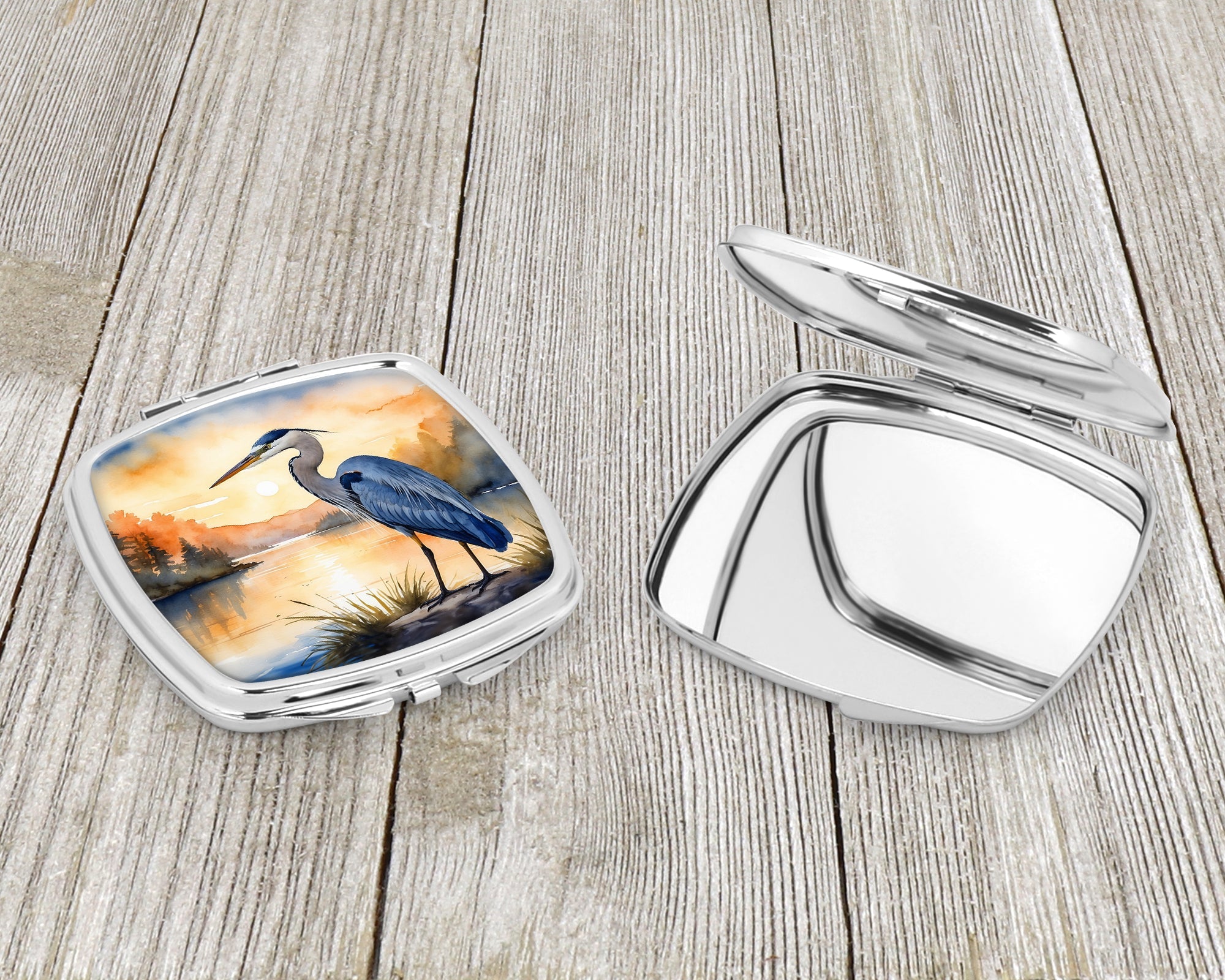 Great Blue Heron Sunset Landscape Watercolor Compact Mirror Decorative Travel Makeup Mirror for Women Girls Gifts Pocket Makeup Mirror Folding Handheld